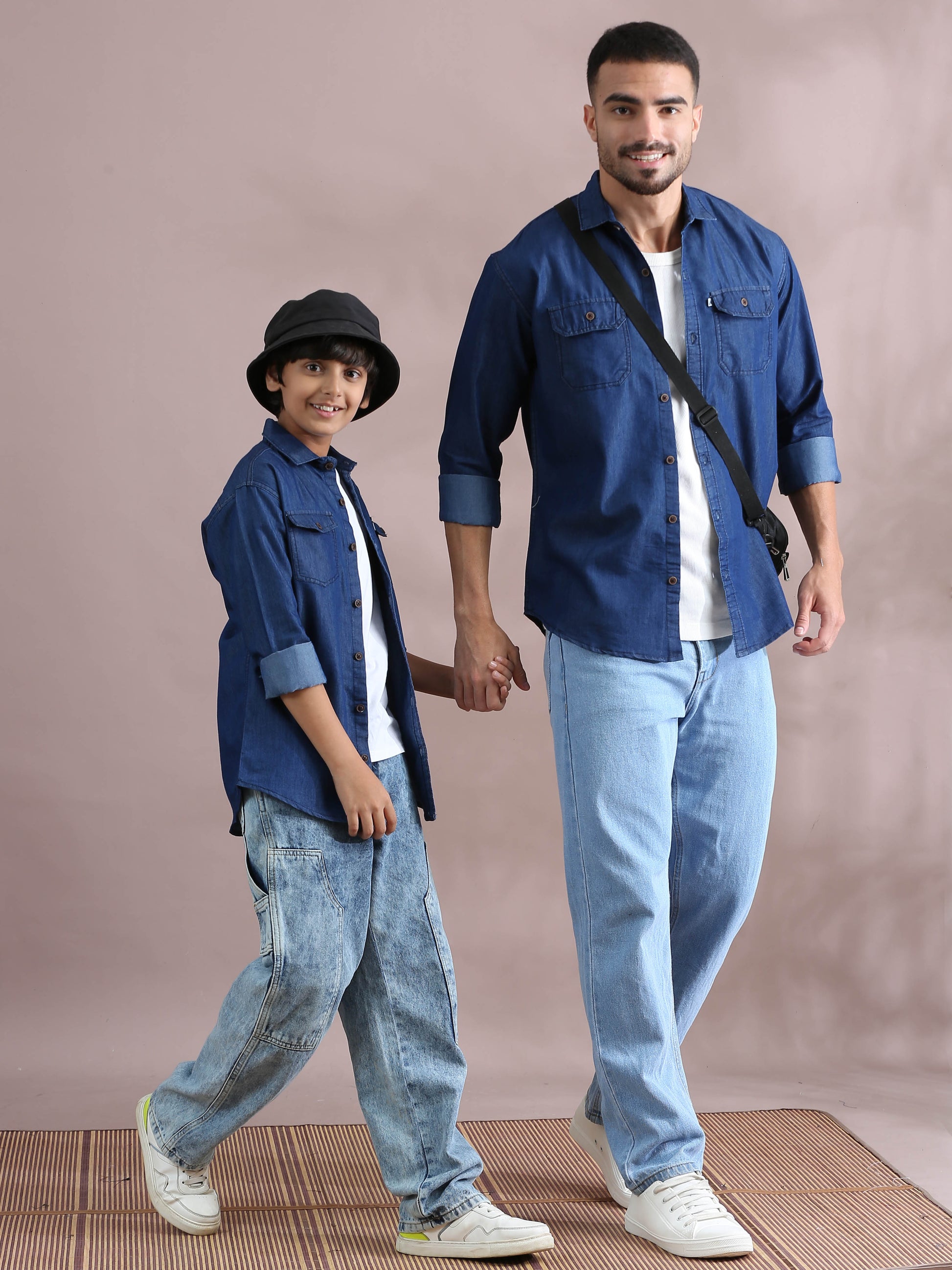  Denim Solid Plain Father And Son Clothing Shirts 