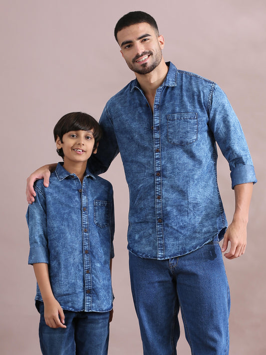 cloud wash Denim Blue Cool Dad And Son Shirts