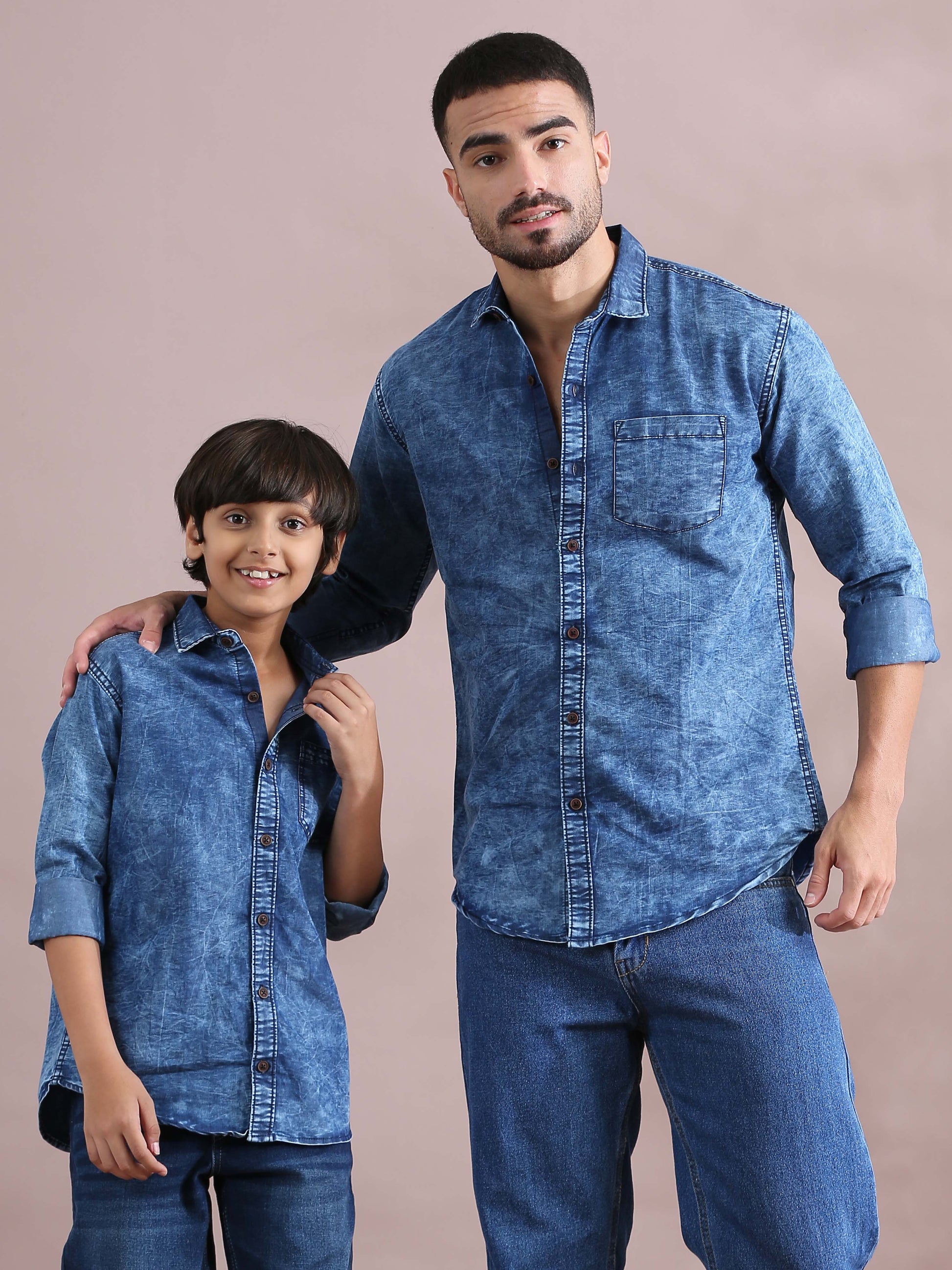 cloud wash Denim Blue Cool Dad And Son Shirts