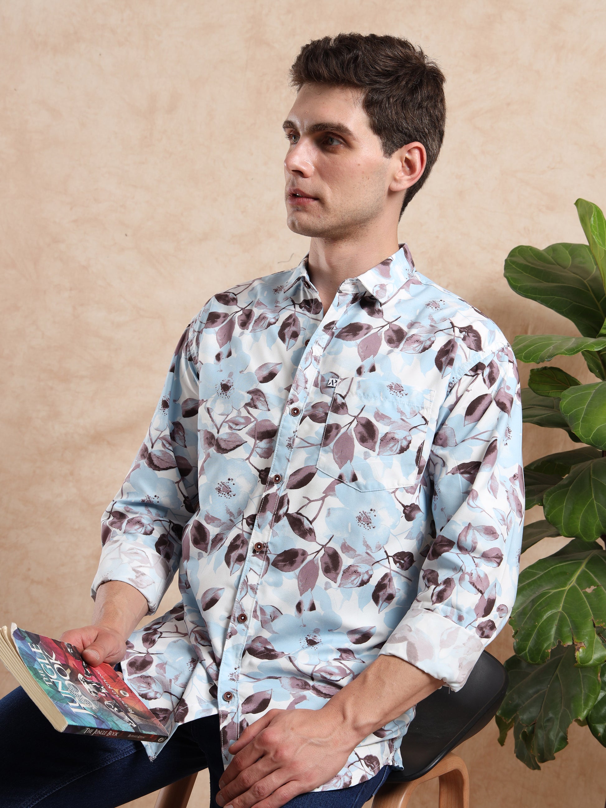 Stylish Casual Shirt with Blue and Brown Floral Pattern
