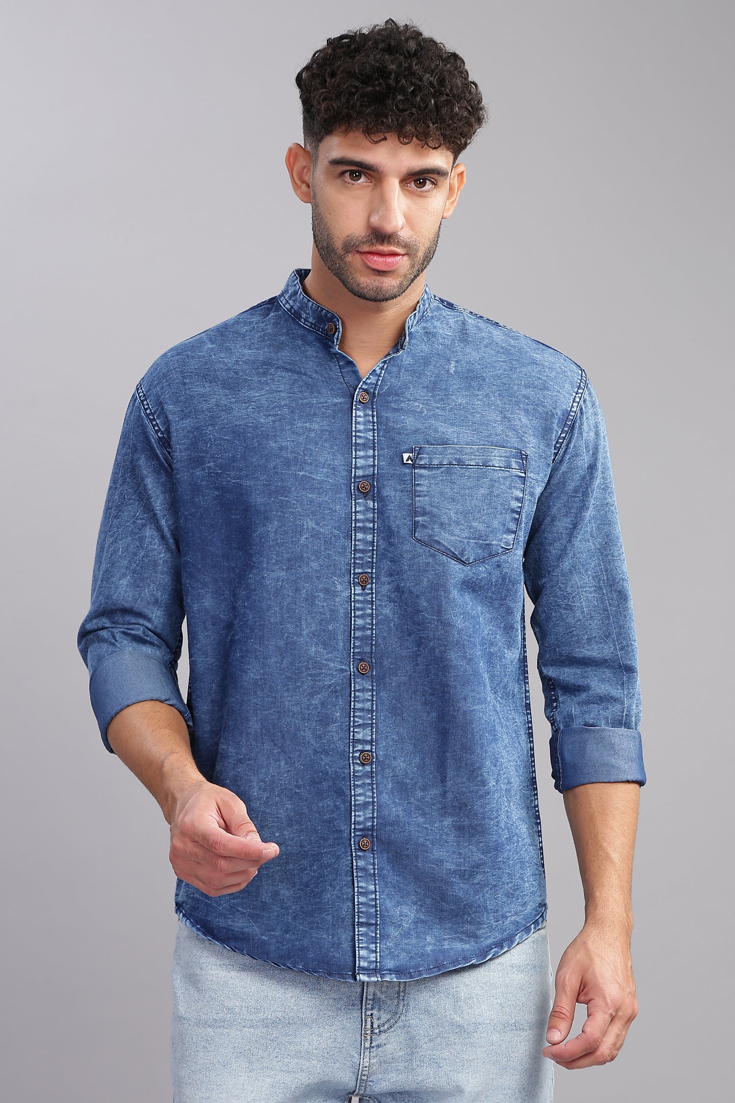 Blue Cloud Wash Single Pocket   Collor Denim Shirt For Men