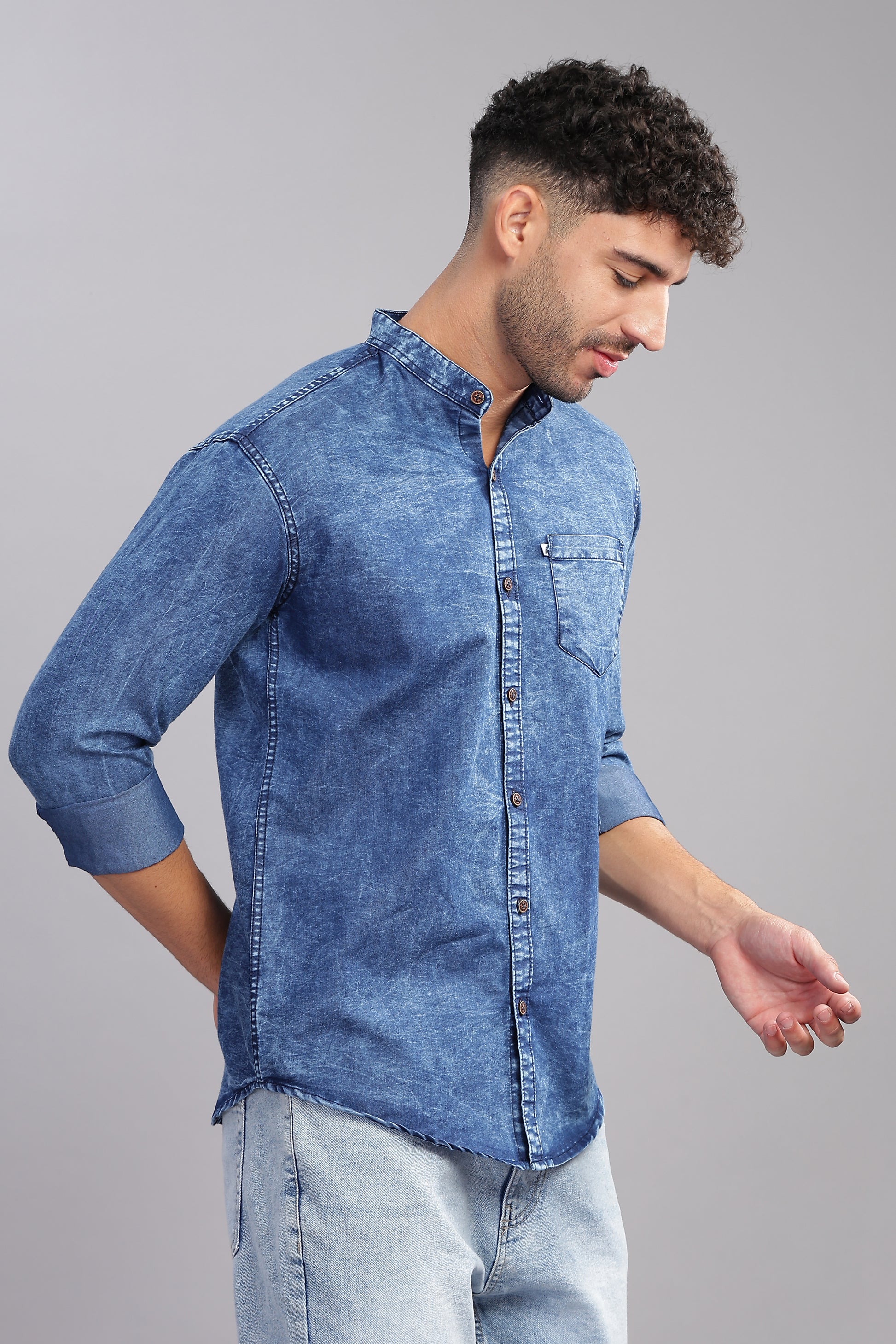 Blue Cloud Wash Single Pocket   Collor Denim Shirt For Men