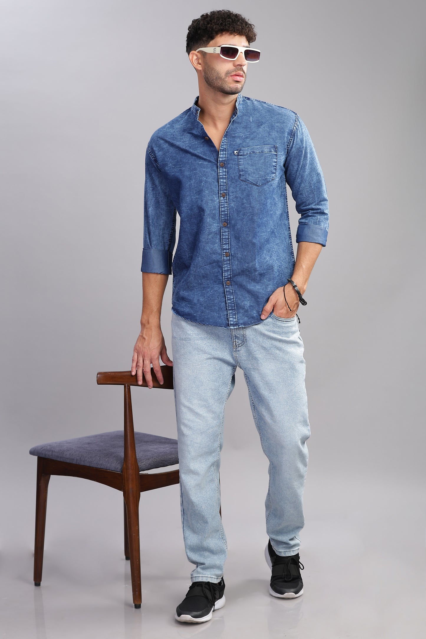 Blue Cloud Wash Single Pocket   Collor Denim Shirt For Men