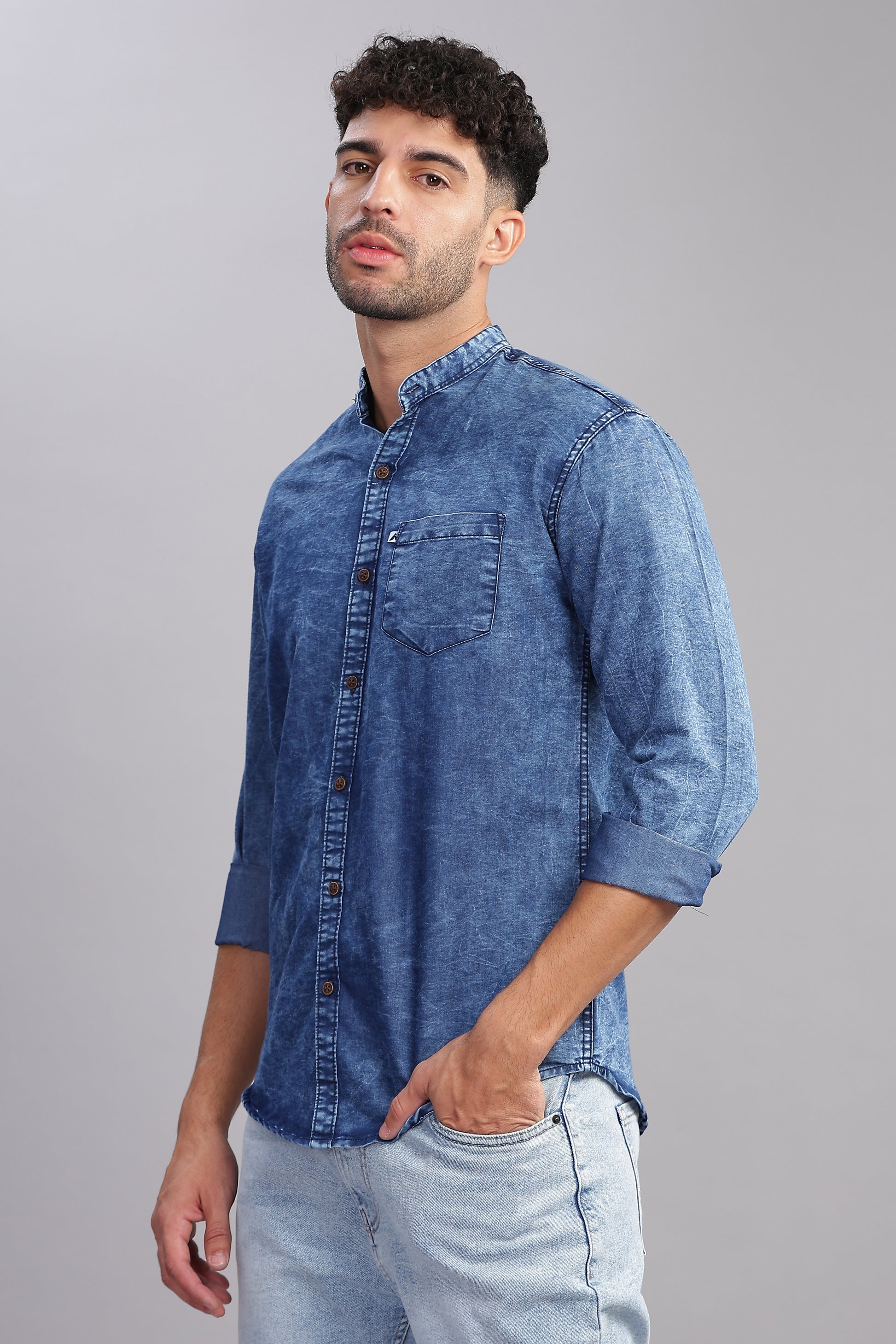 Blue Cloud Wash Single Pocket   Collor Denim Shirt For Men