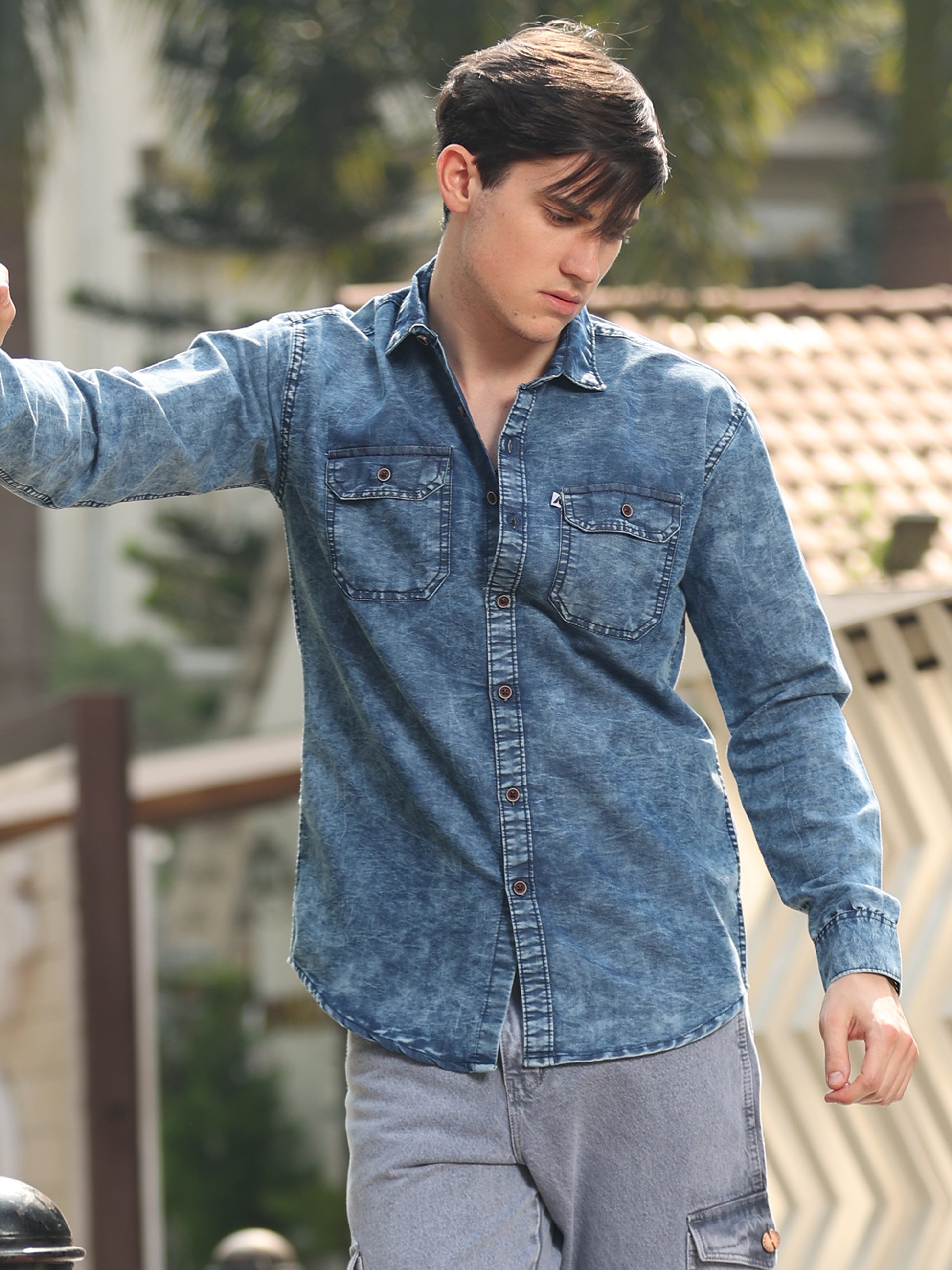 Casual men, blue washed denim shirt with dual chest pockets
