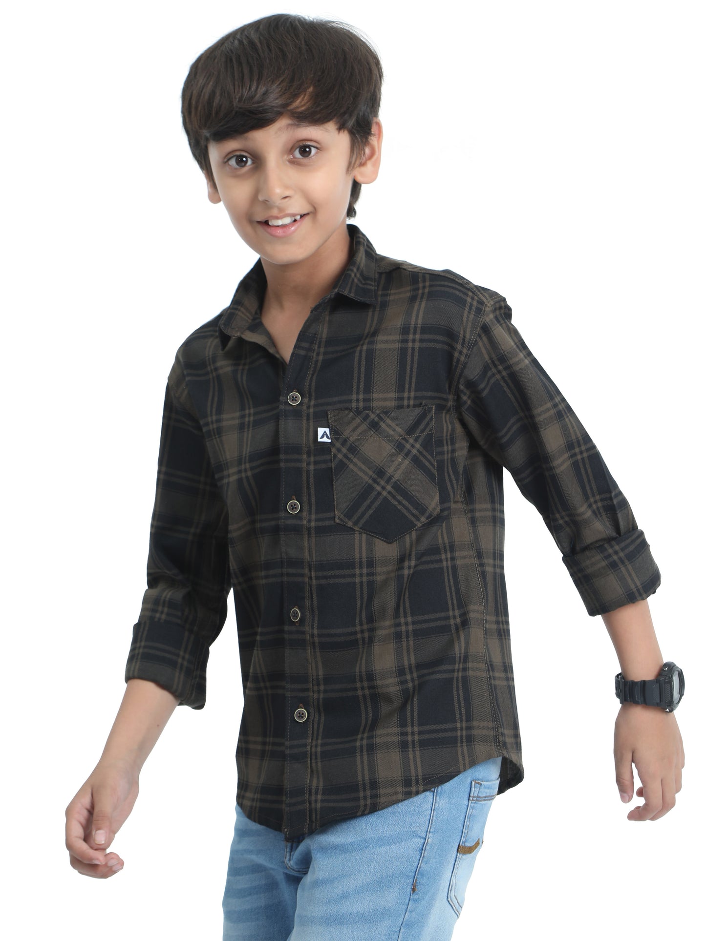 Cotton Tiger Checks Boys Brown Shirt