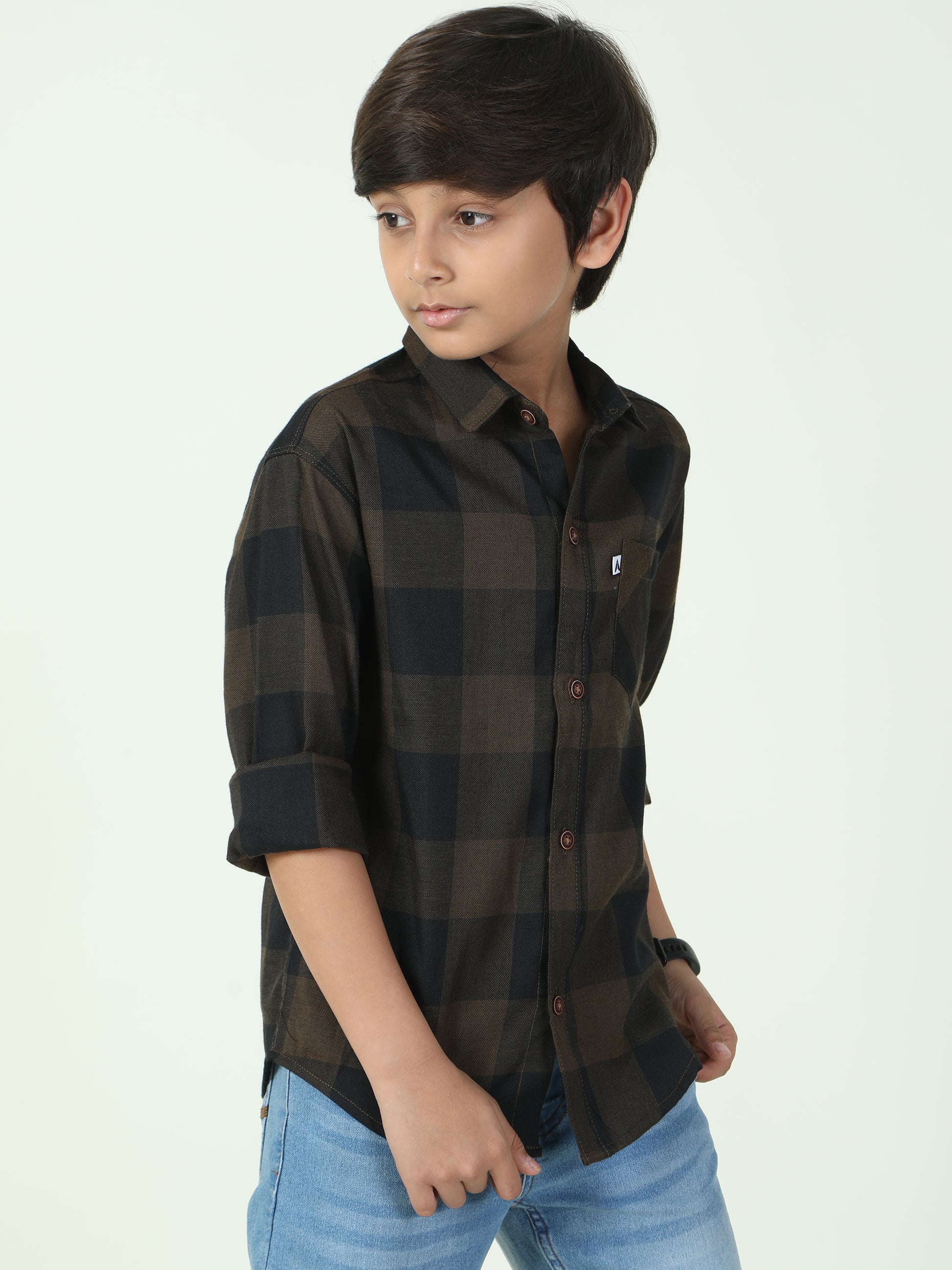 Tombom Cotton Blend Boys Brown Plaid Shirt