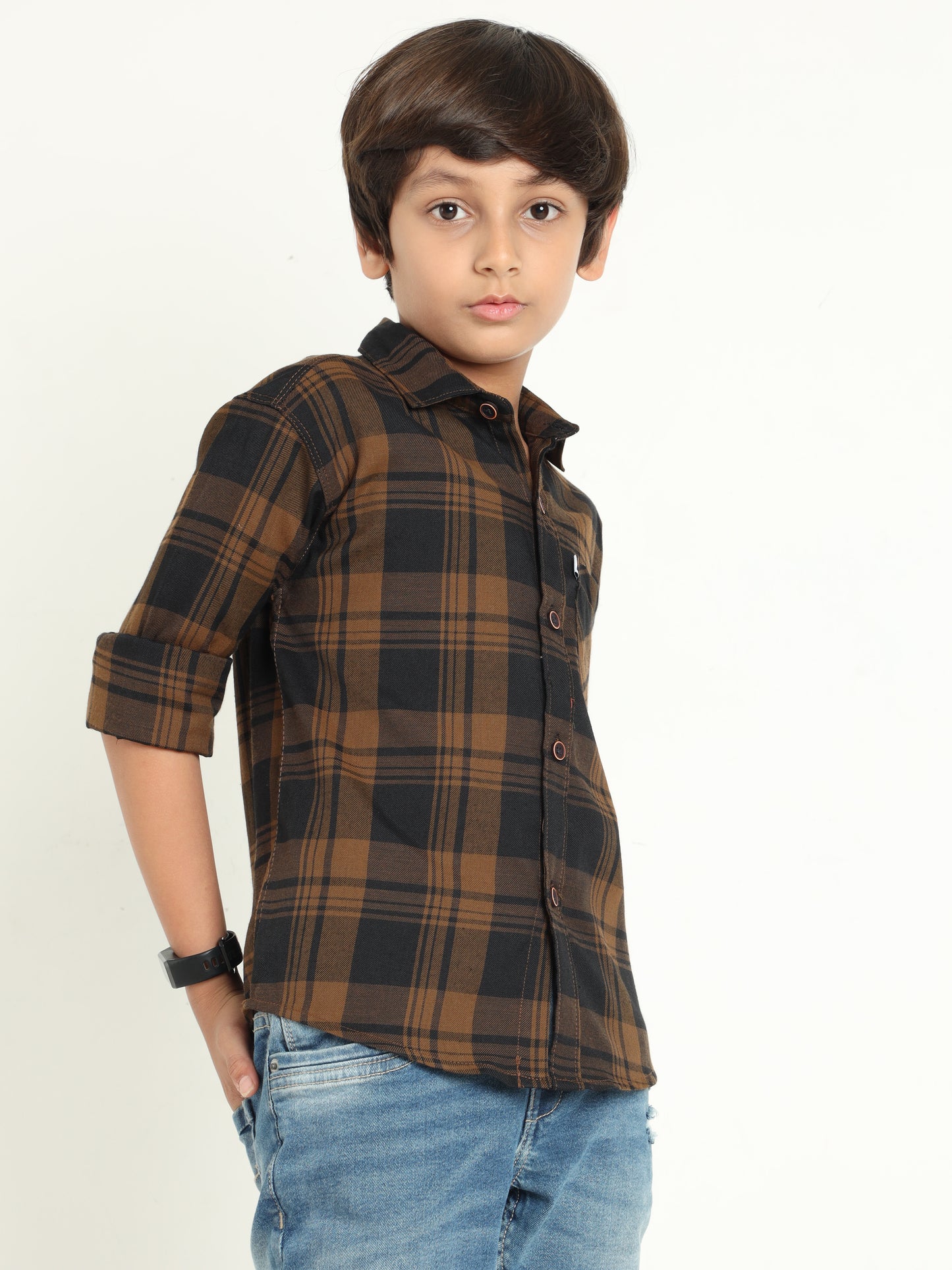 Wanted Cotton Blend Brown Checks Full Sleeve Shirts For Boys