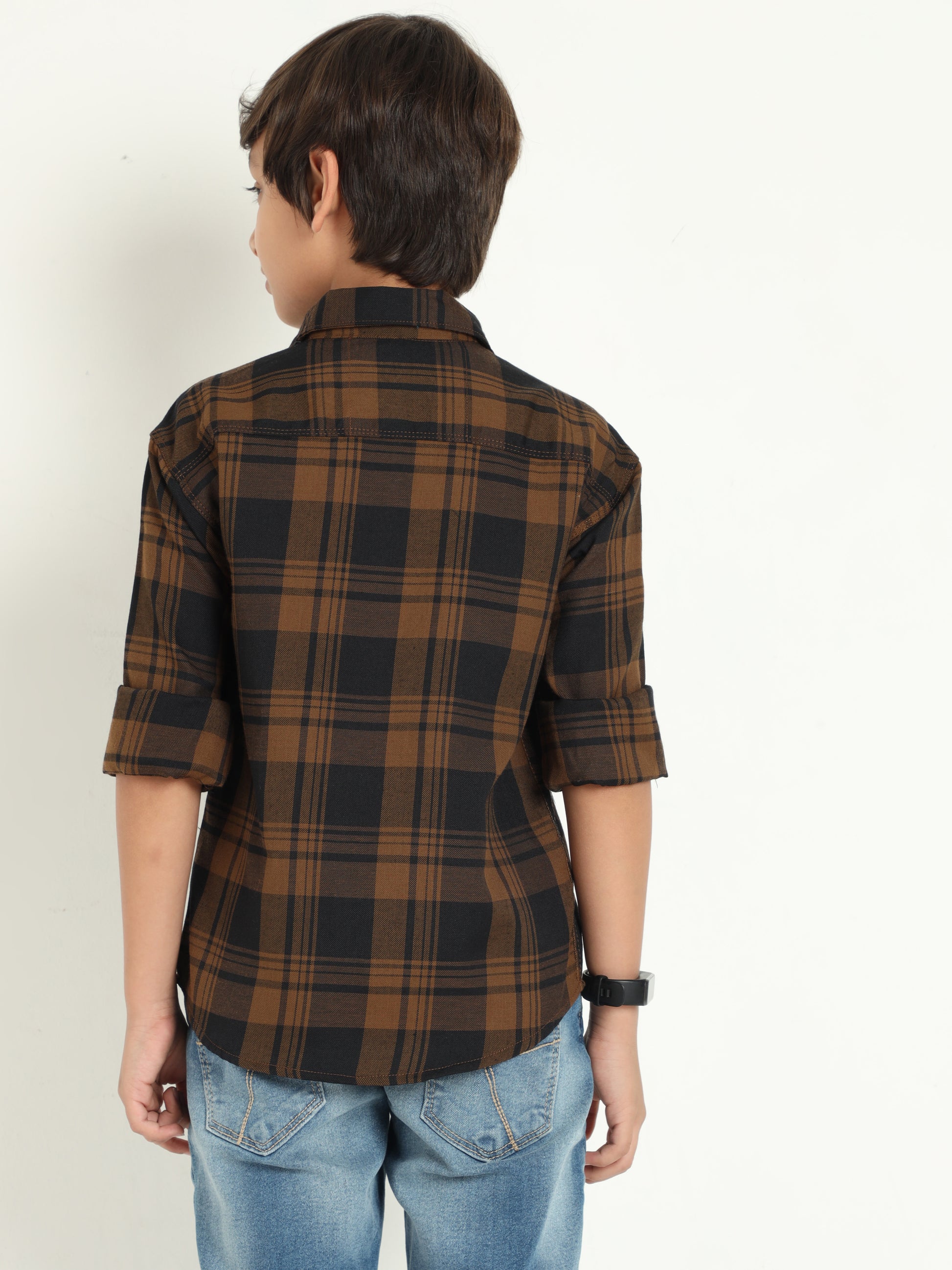 Wanted Cotton Blend Brown Checks Full Sleeve Shirts For Boys