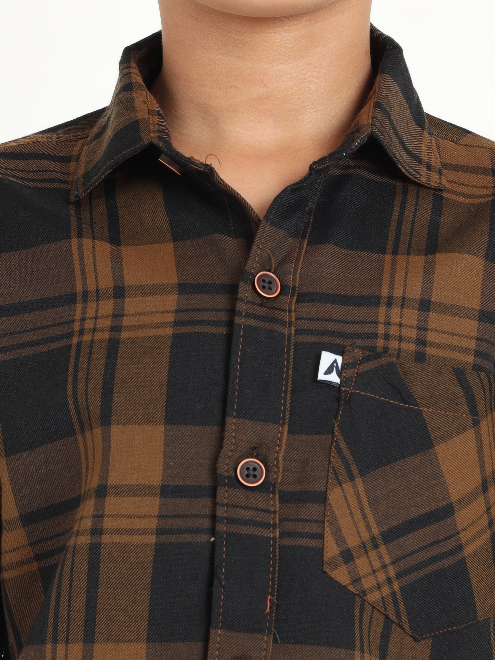 Wanted Cotton Blend Brown Checks Full Sleeve Shirts For Boys