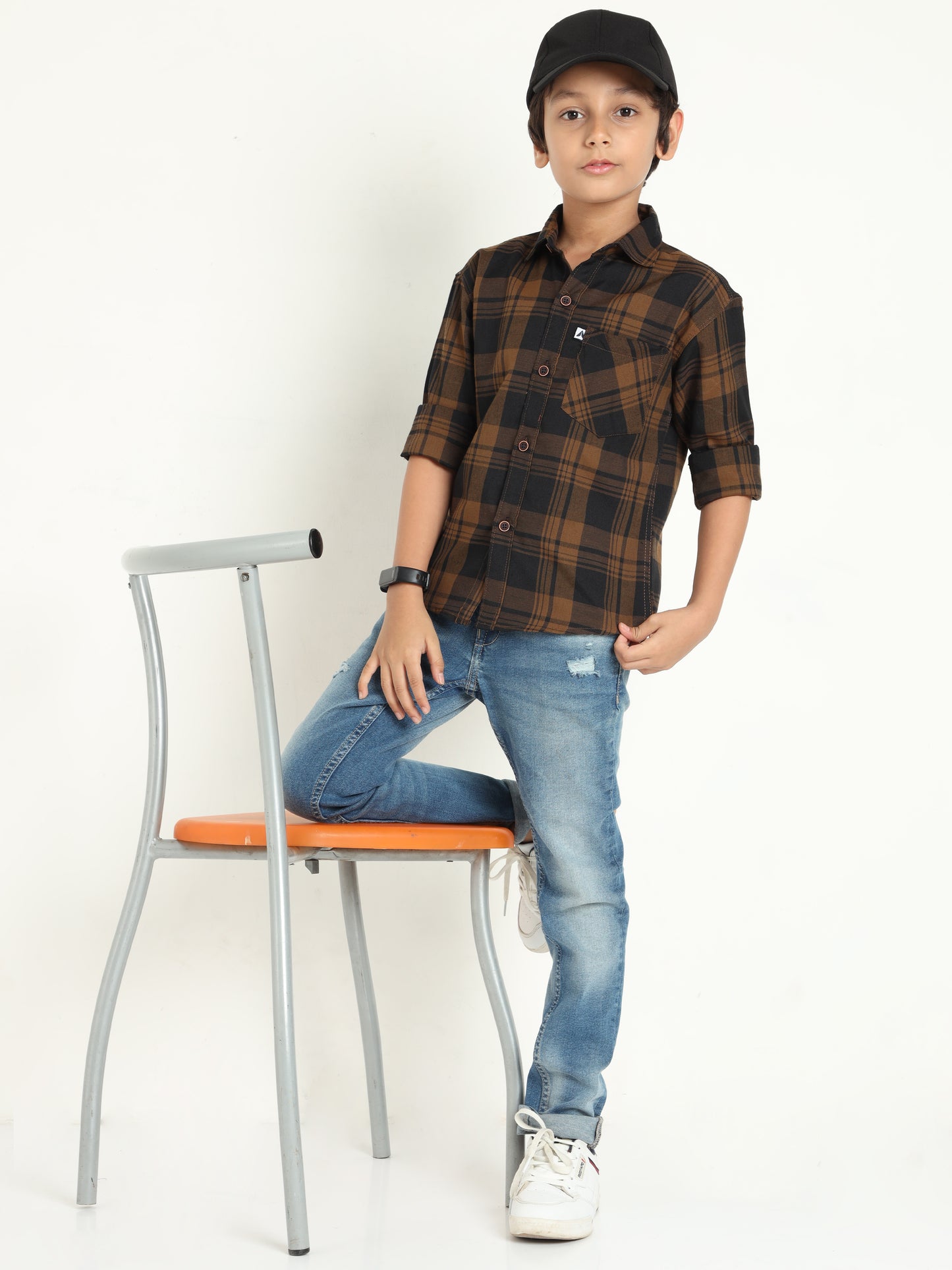 Wanted Cotton Blend Brown Checks Full Sleeve Shirts For Boys