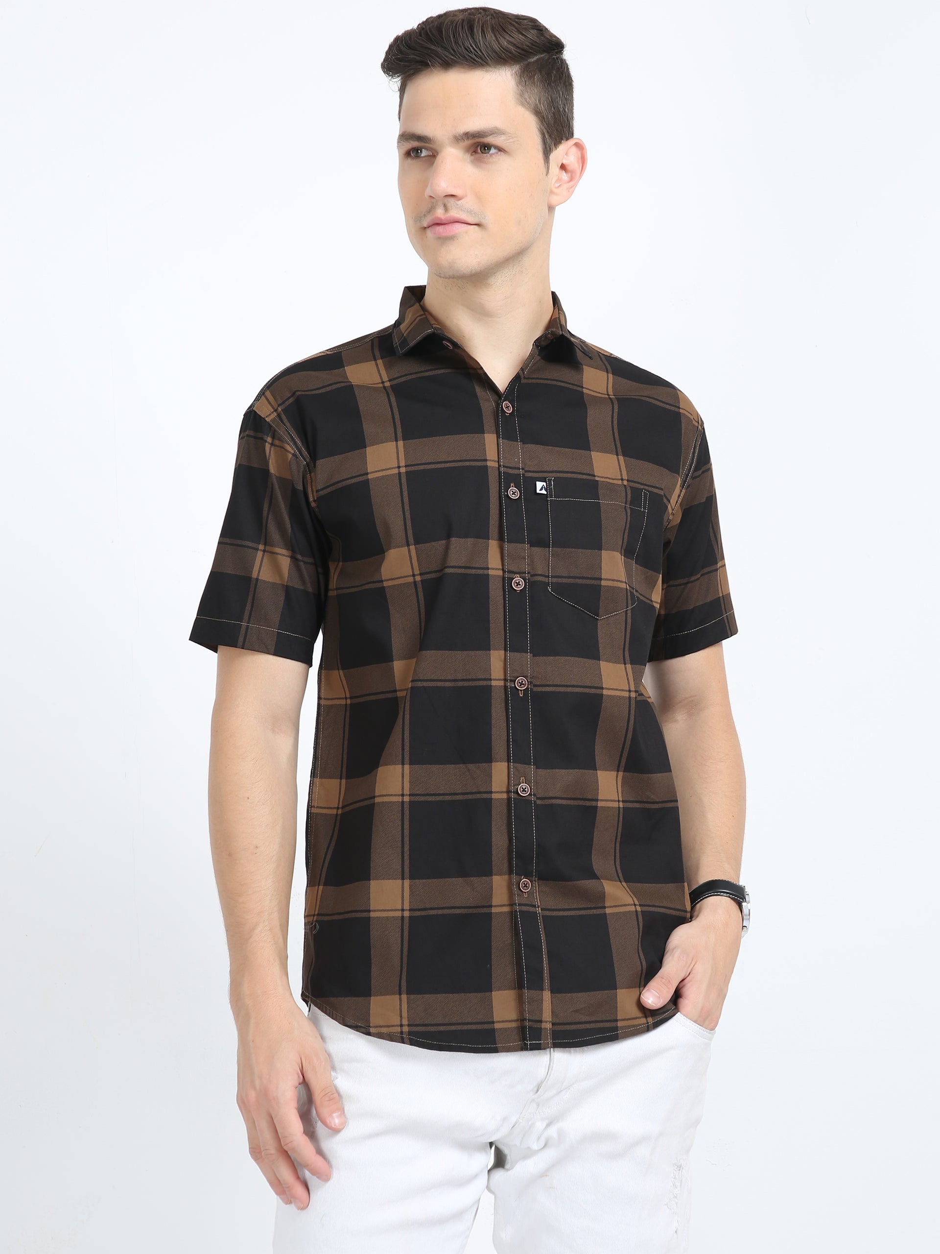 mens brown check dress shirt Brown Check Plaid Long Sleeve Men Button Up Shirt, White Tartan Guys Male Print Buttoned Down Collared Graphic Casual Dress Shirt S