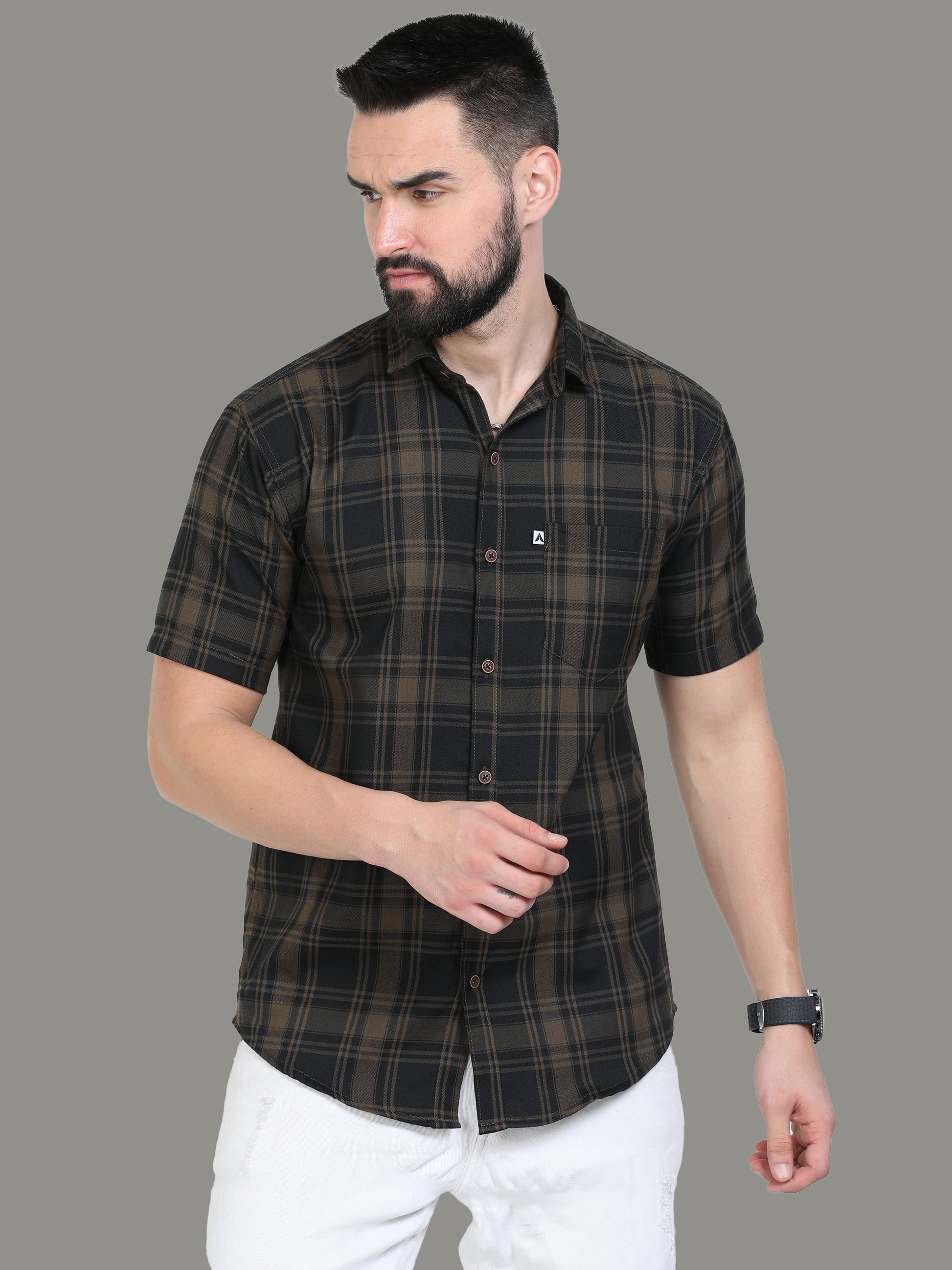 Half Sleeve Cotton Blend Tiger Brown Colour Check Shirt Men
 