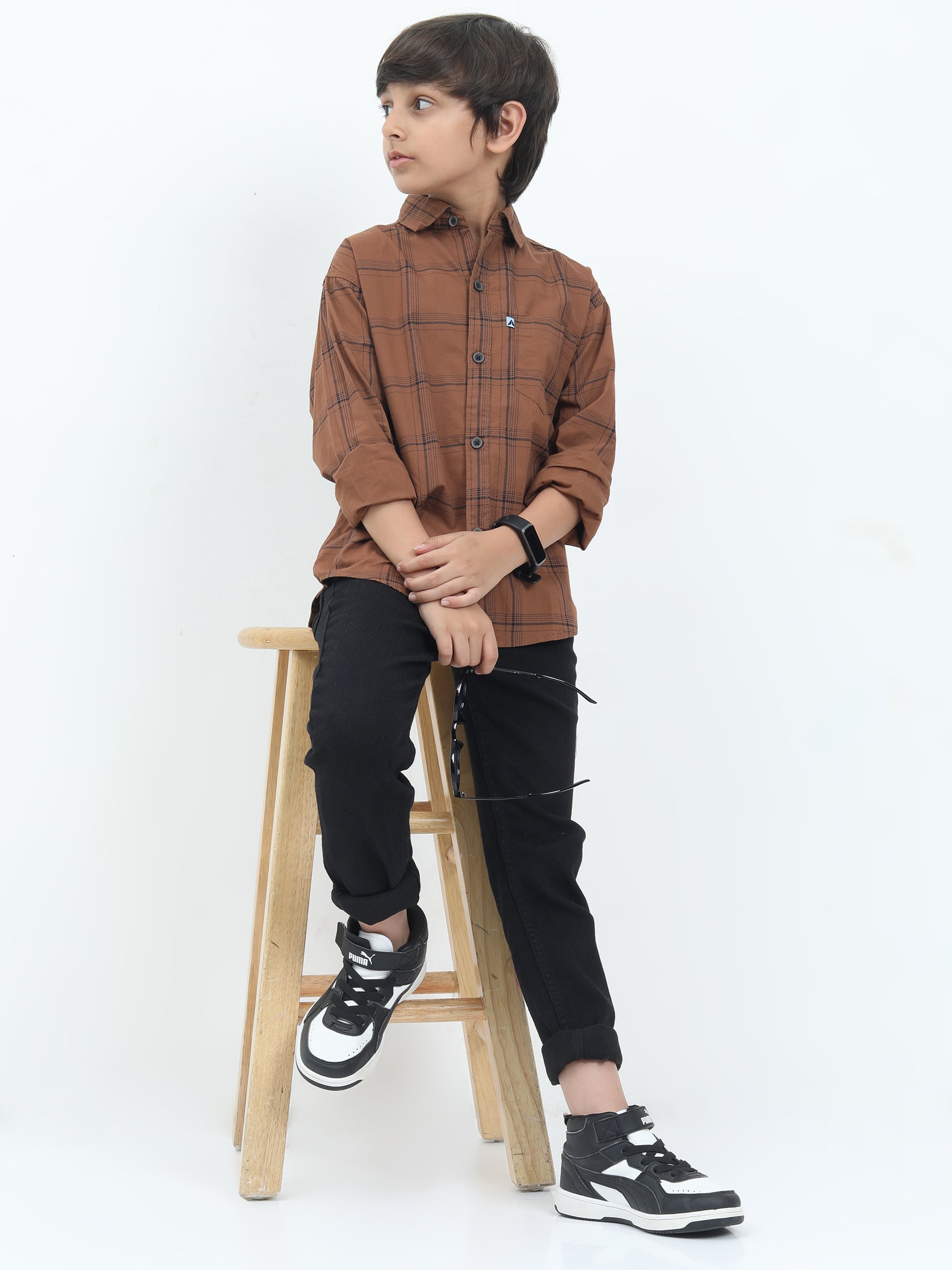 6line Checked Brown Boys Shirt Design