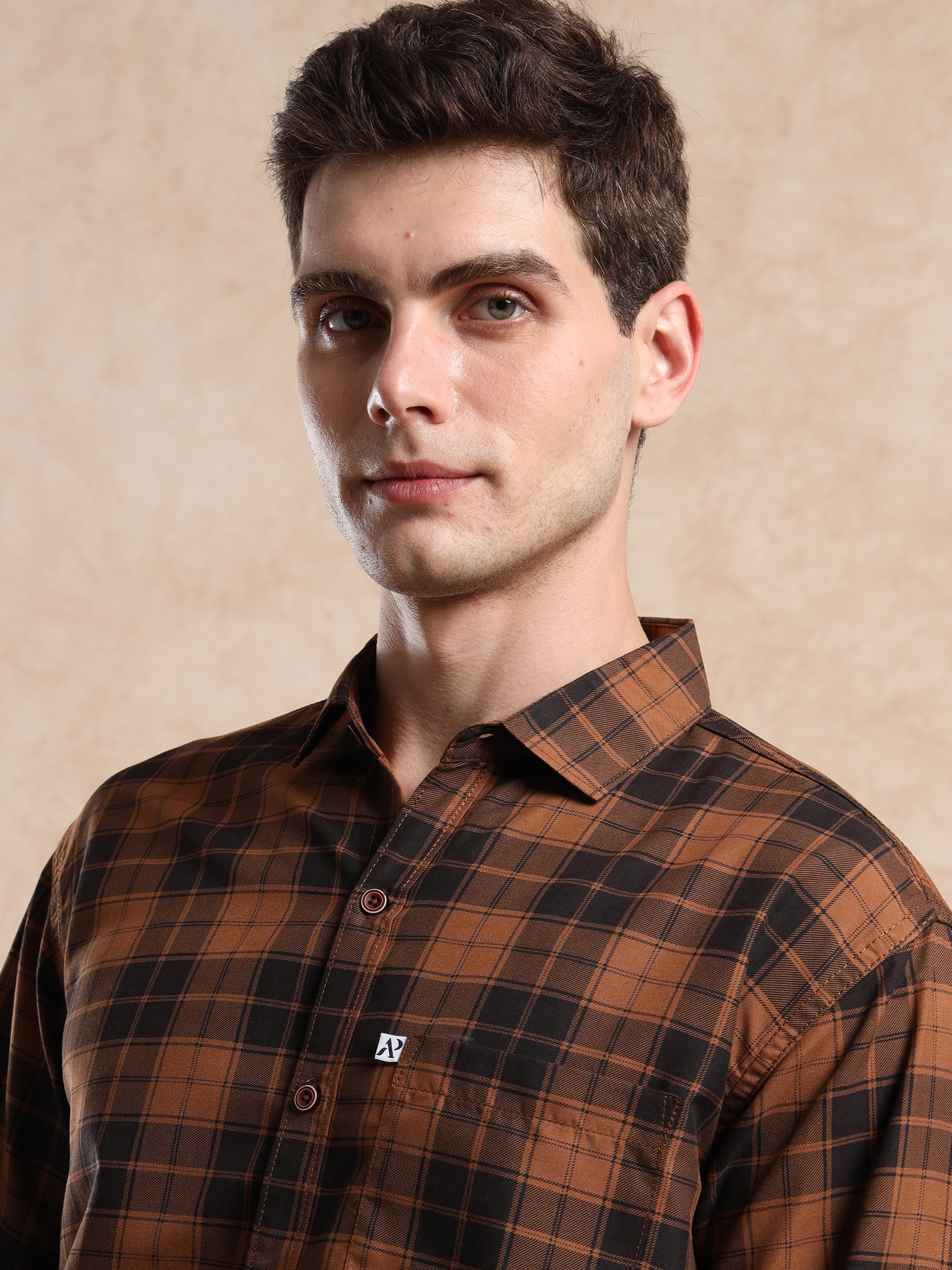 men, full sleeve brown checked shirt with casual fit