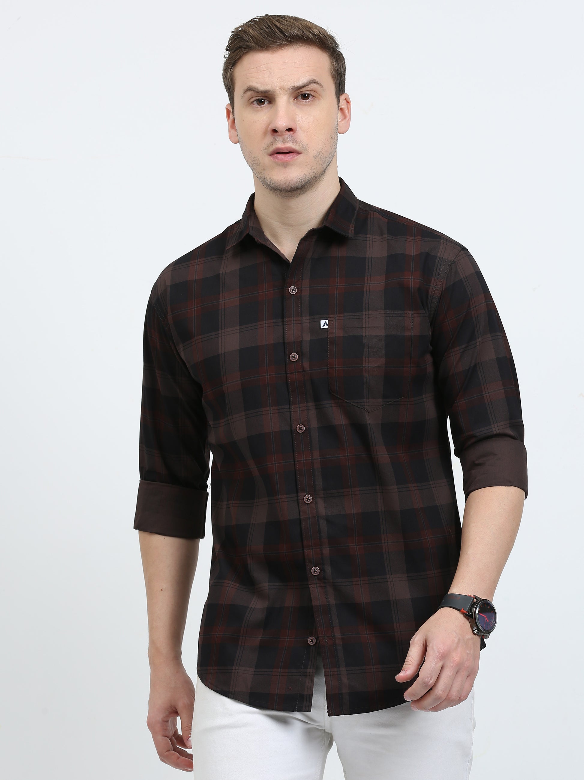 Casual Tartan Brown Check Shirt for Men