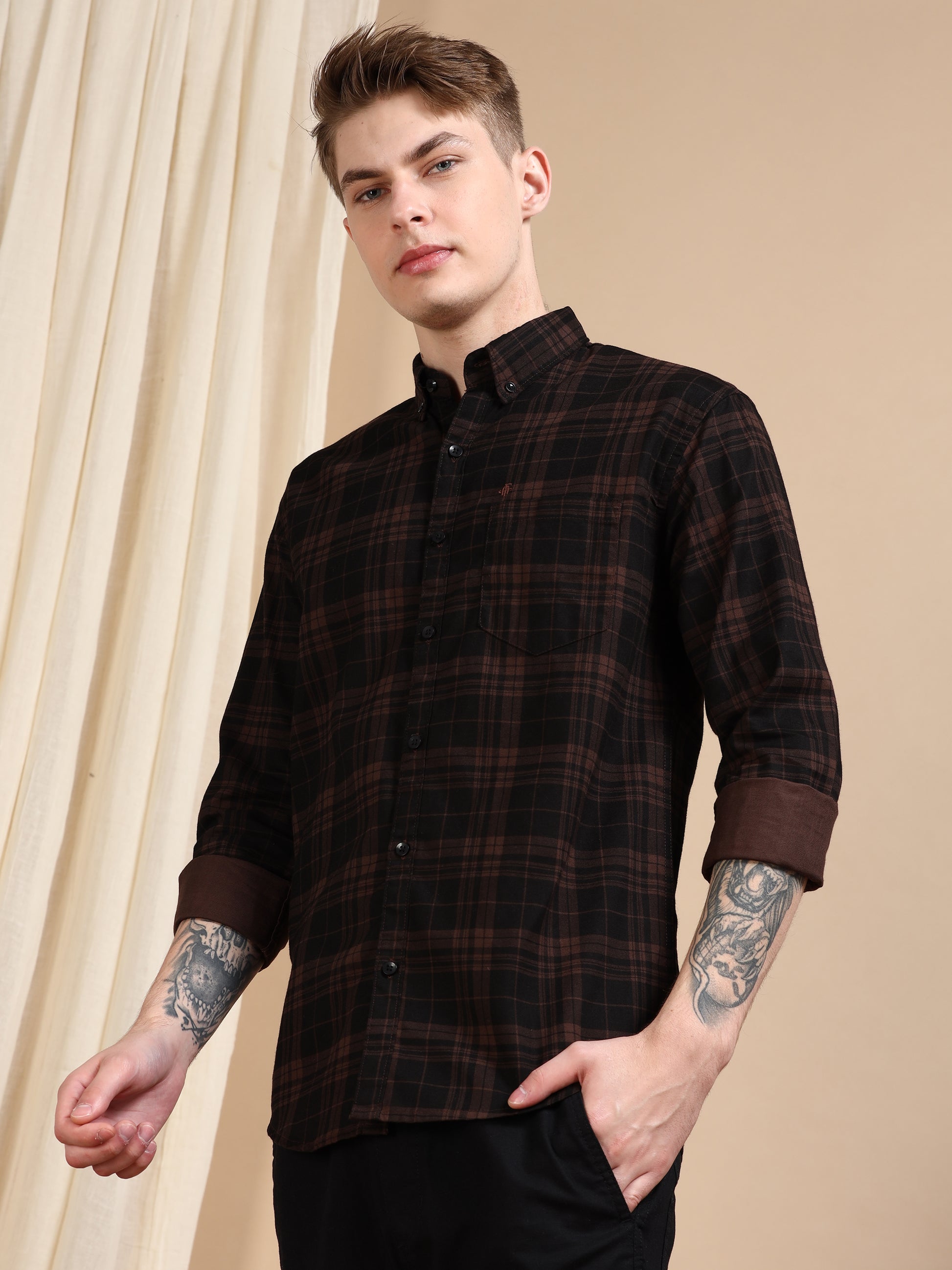 Casual Brown Men's Cotton Check Shirt
