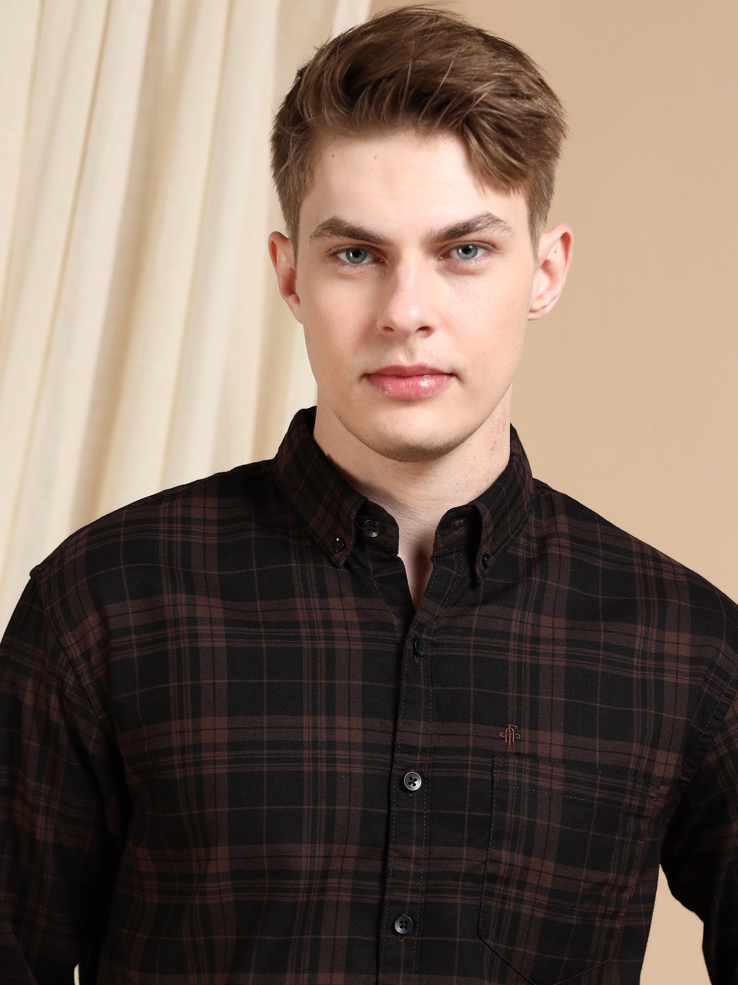 Casual Brown Men's Cotton Check Shirt