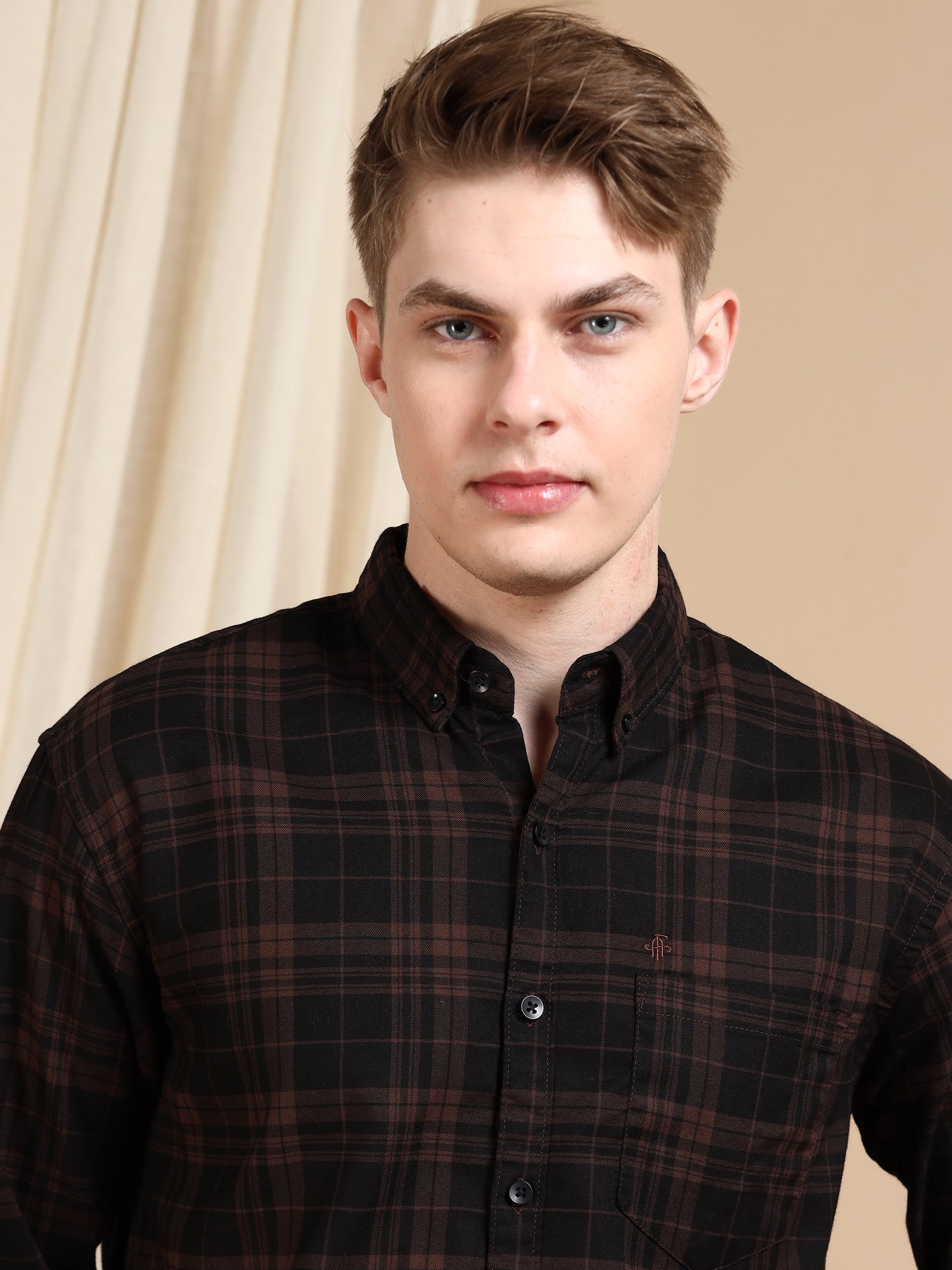 Casual Brown Men's Cotton Check Shirt