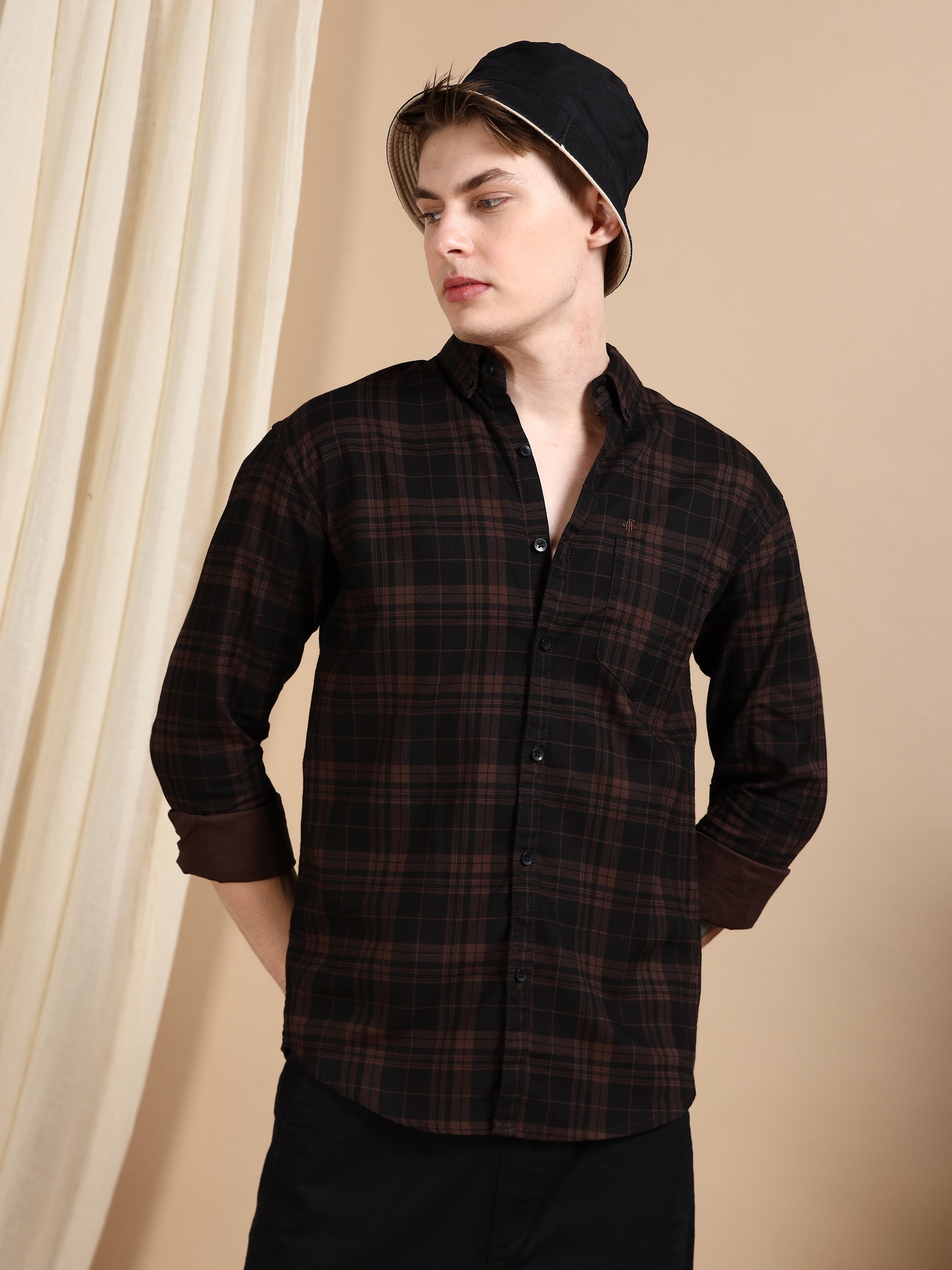 Casual Brown Men's Cotton Check Shirt