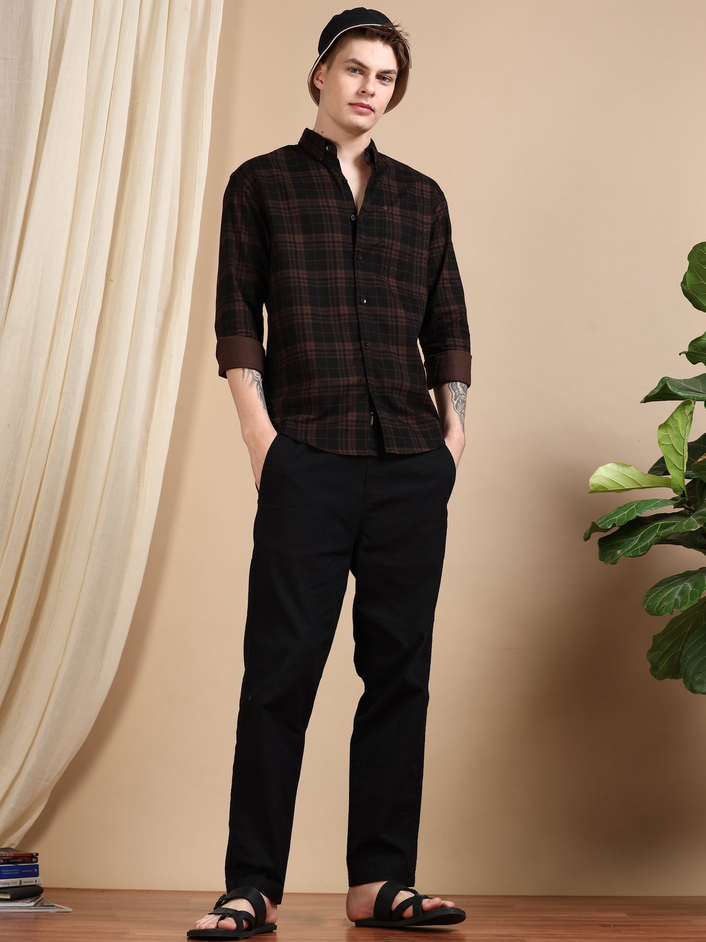 Casual Brown Men's Cotton Check Shirt