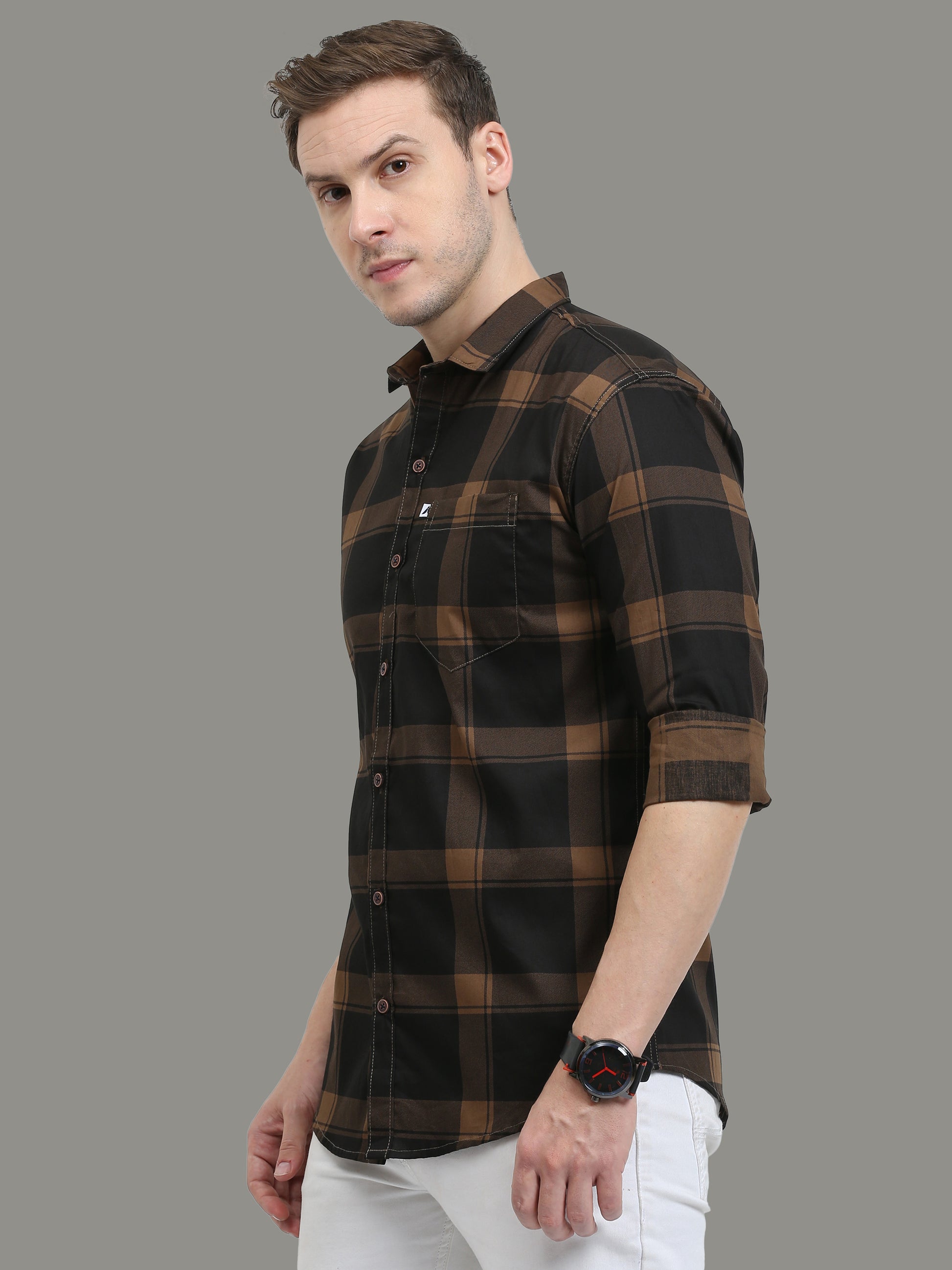 Regular Fit Plaid Brown Check Shirt for Men