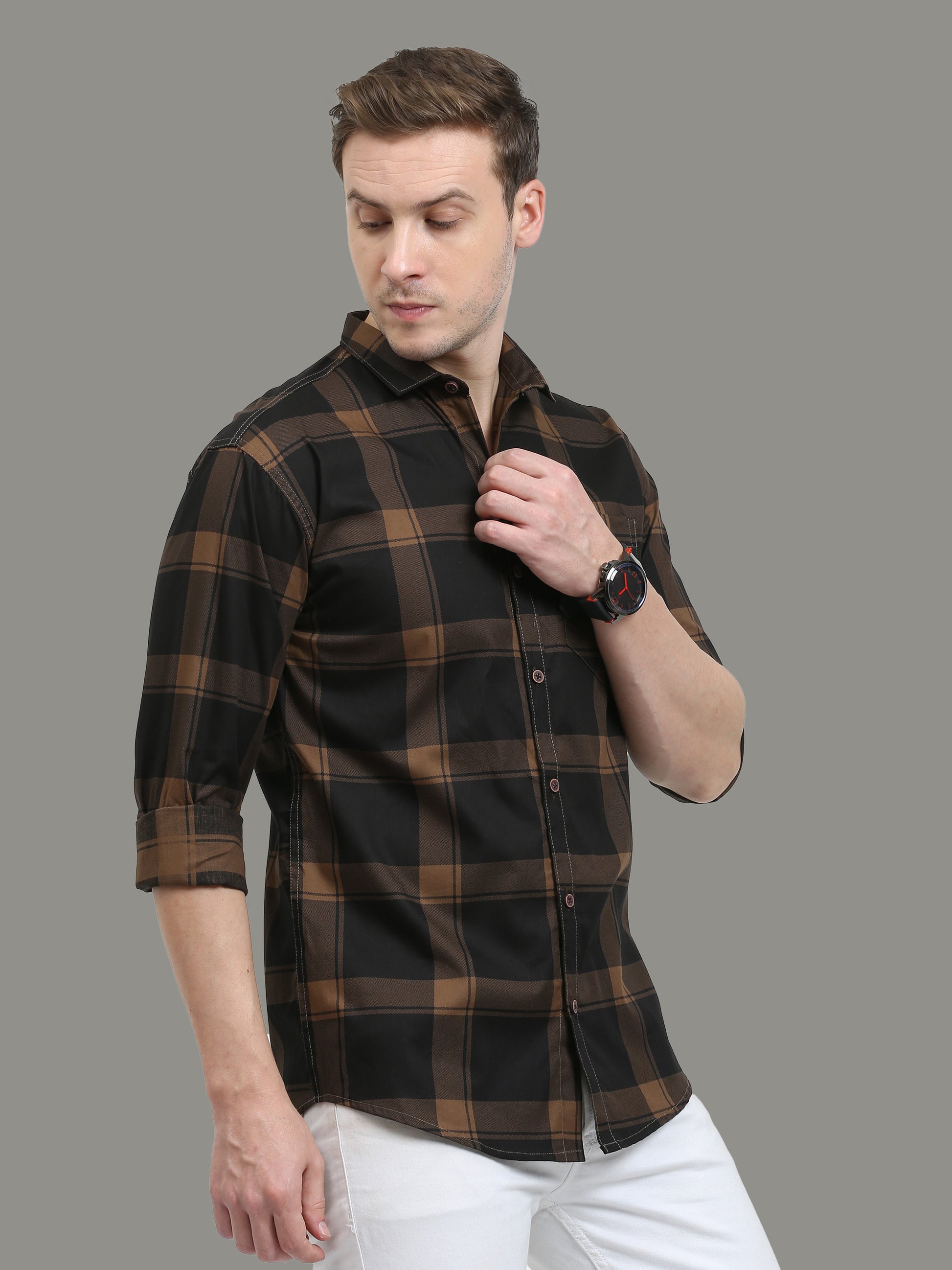 Regular Fit Plaid Brown Check Shirt for Men
