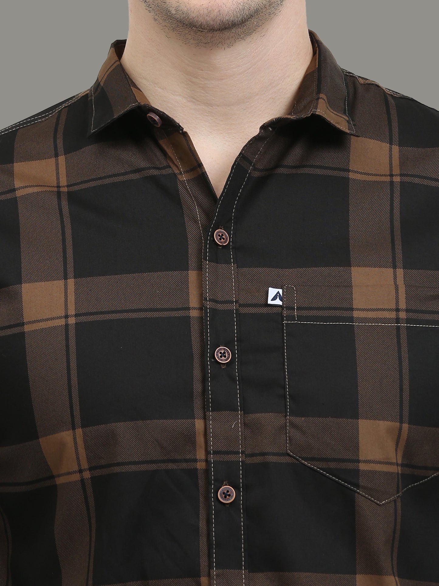 Regular Fit Plaid Brown Check Shirt for Men