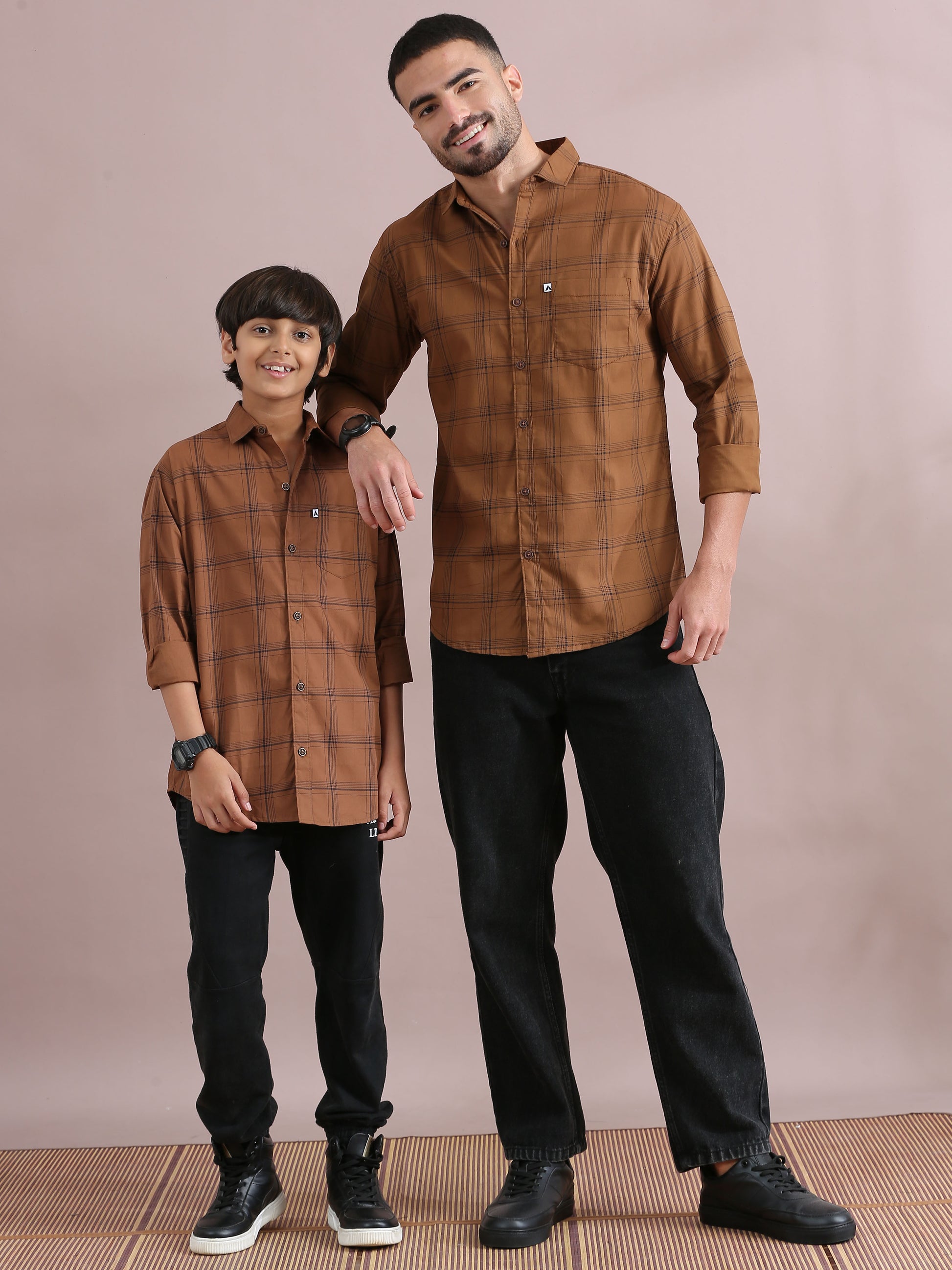 6line Brown Checked Father And Son Dress Shirts Combo