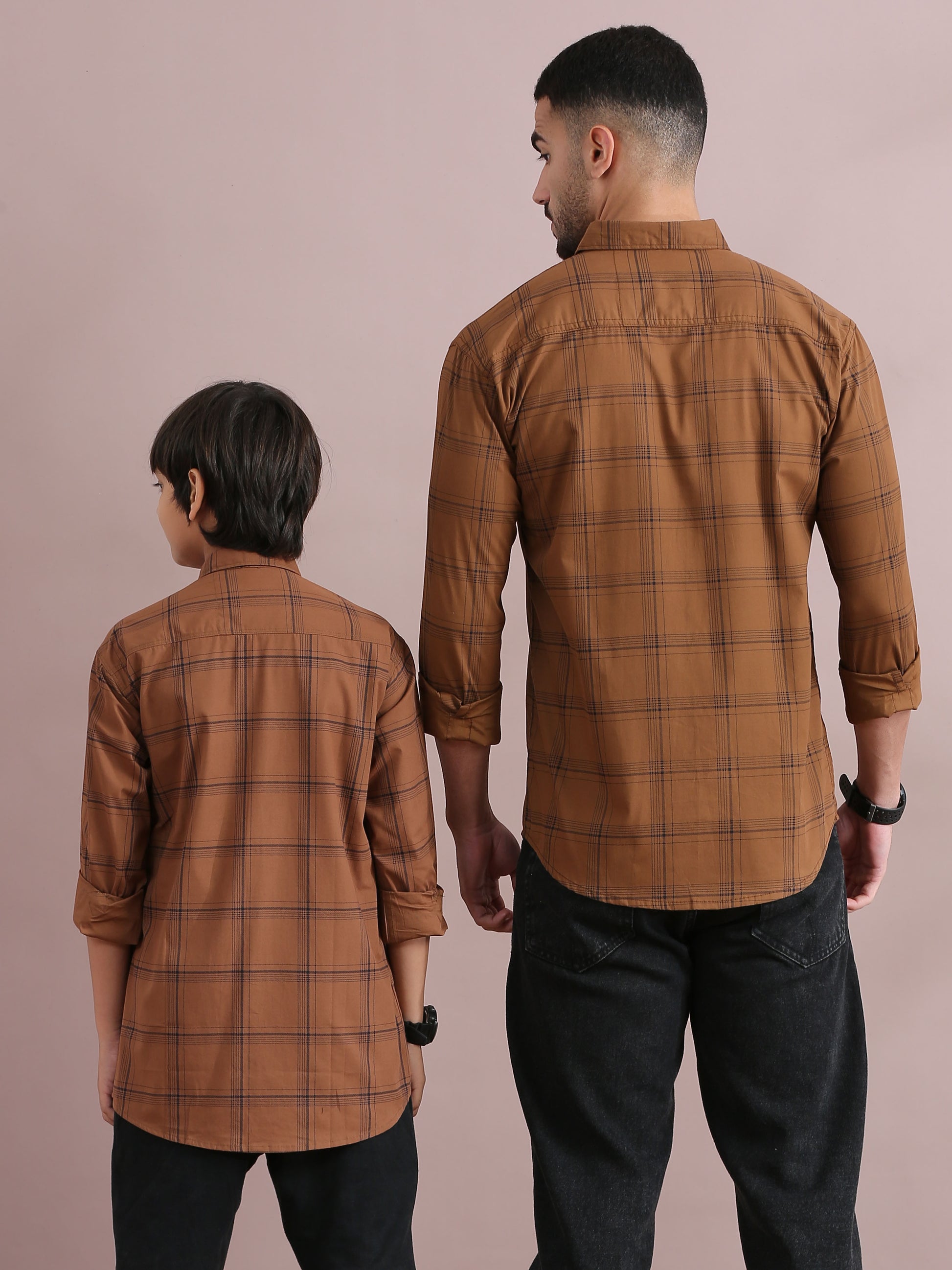 6line Brown Checked Father And Son Dress Shirts Combo