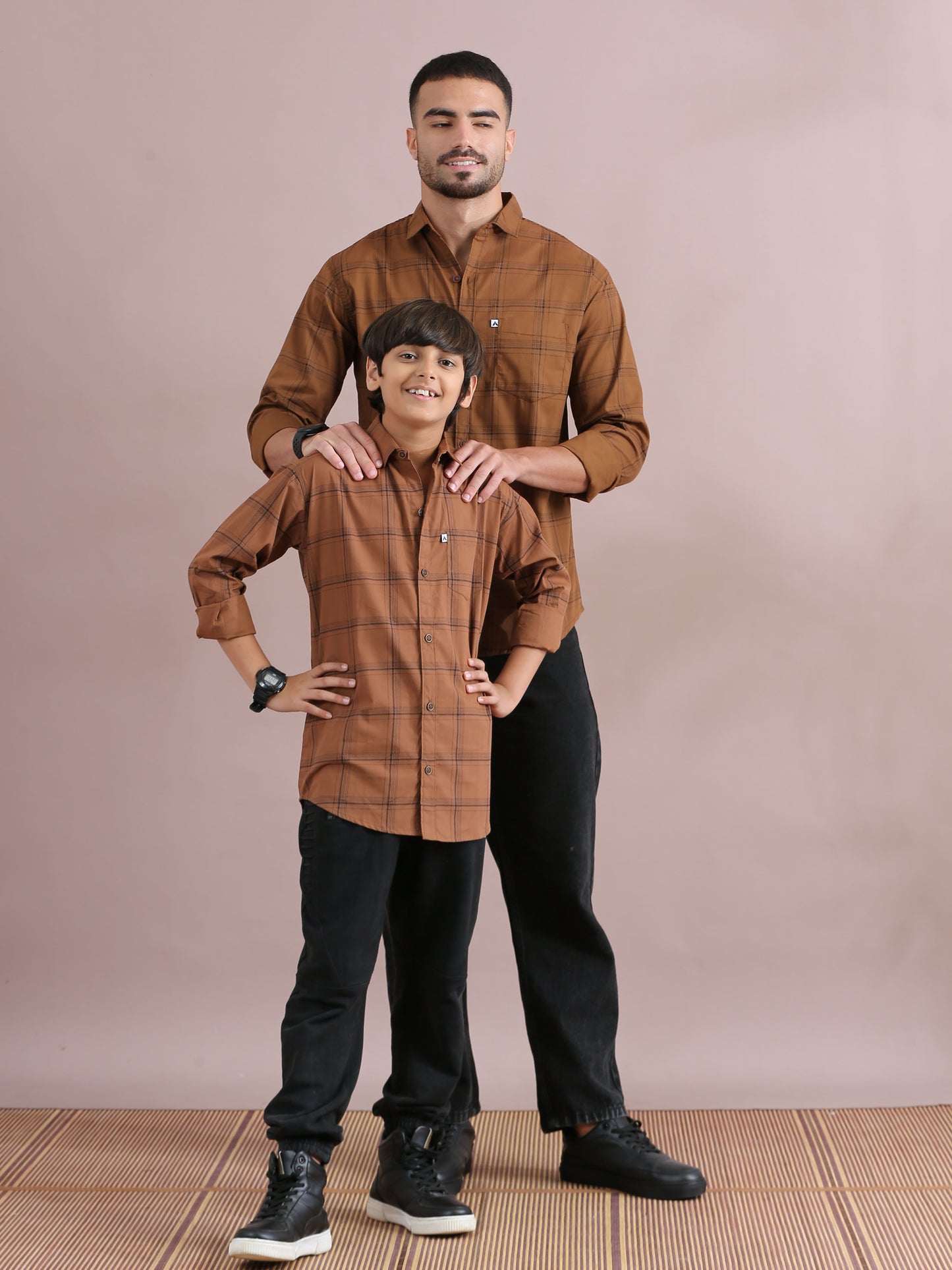 6line Brown Checked Father And Son Dress Shirts Combo