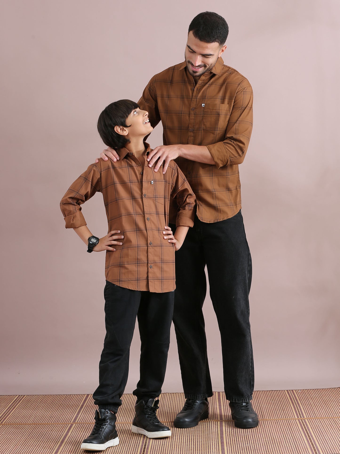 6line Brown Checked Father And Son Dress Shirts Combo