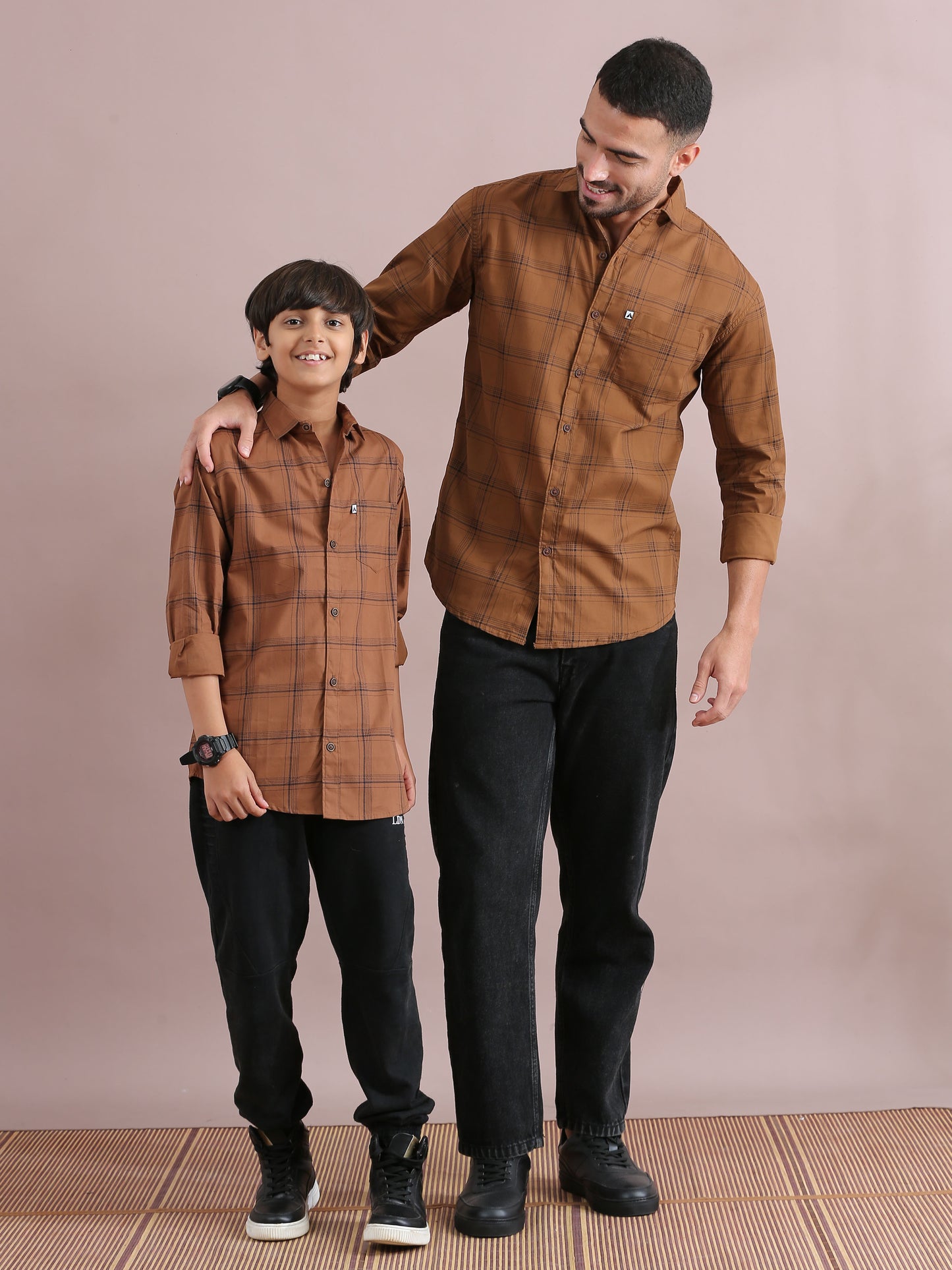 6line Brown Checked Father And Son Dress Shirts Combo