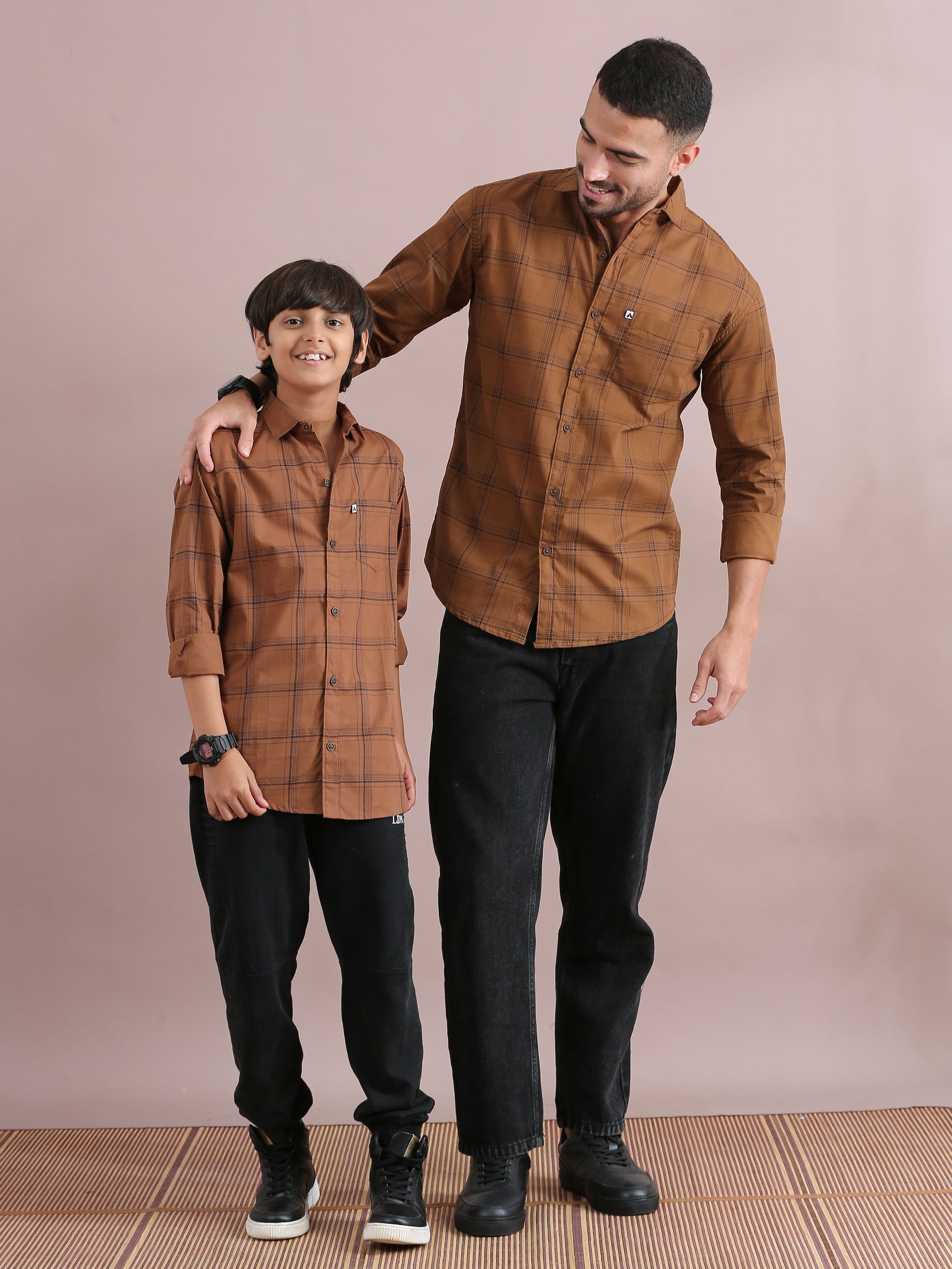 6line Brown Checked Father And Son Dress Shirts Combo