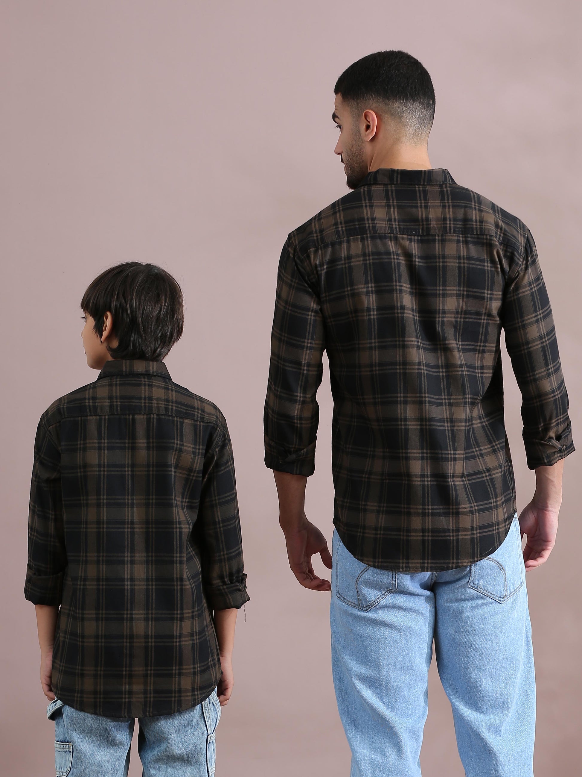  Tiger Brown Checked Matching Dad And Son Outfits Combo