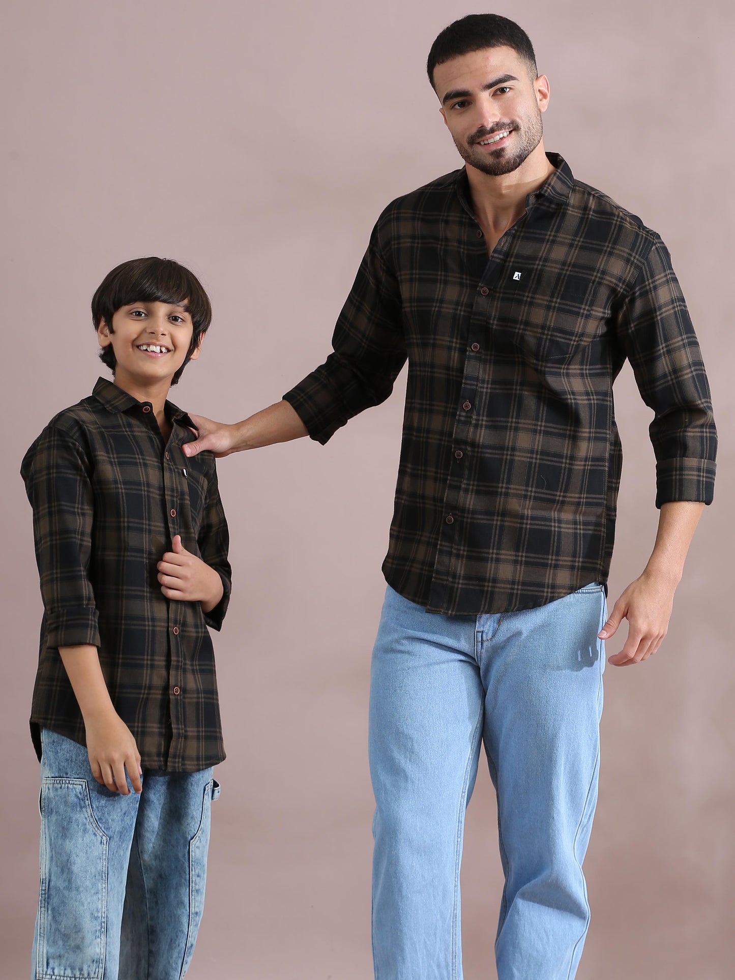  Tiger Brown Checked Matching Dad And Son Outfits Combo