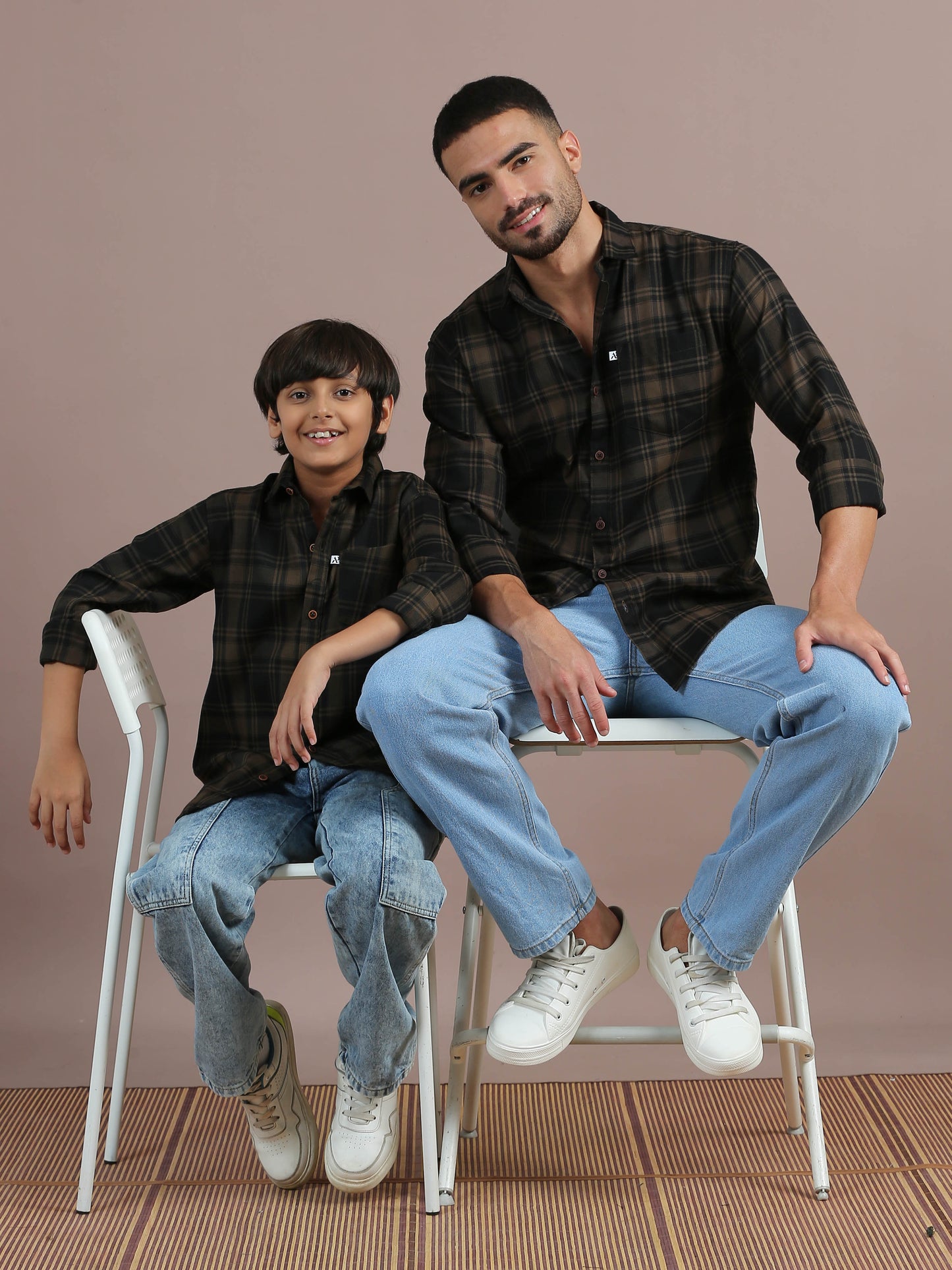 Tiger Brown Checked Matching Dad And Son Outfits Combo