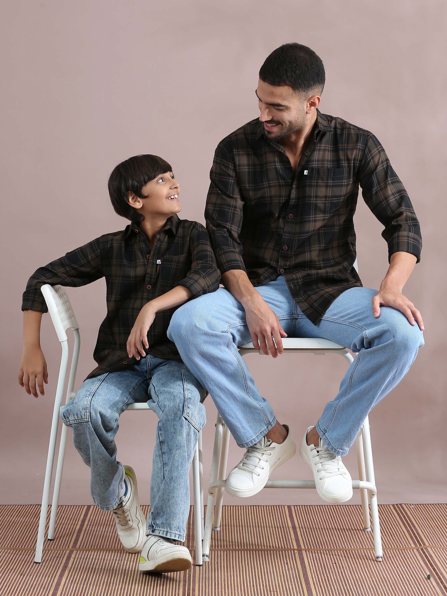  Tiger Brown Checked Matching Dad And Son Outfits Combo