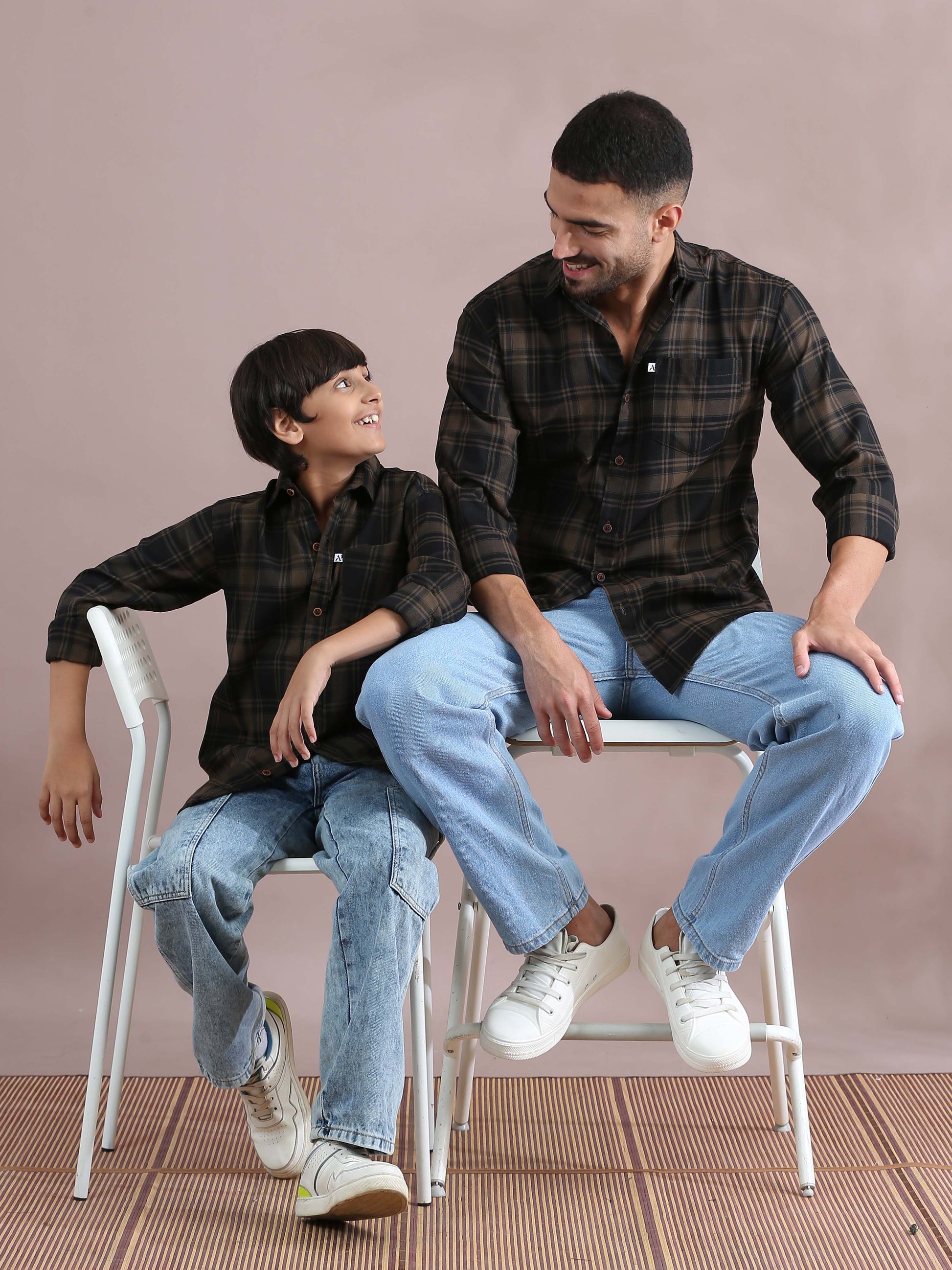  Tiger Brown Checked Matching Dad And Son Outfits Combo