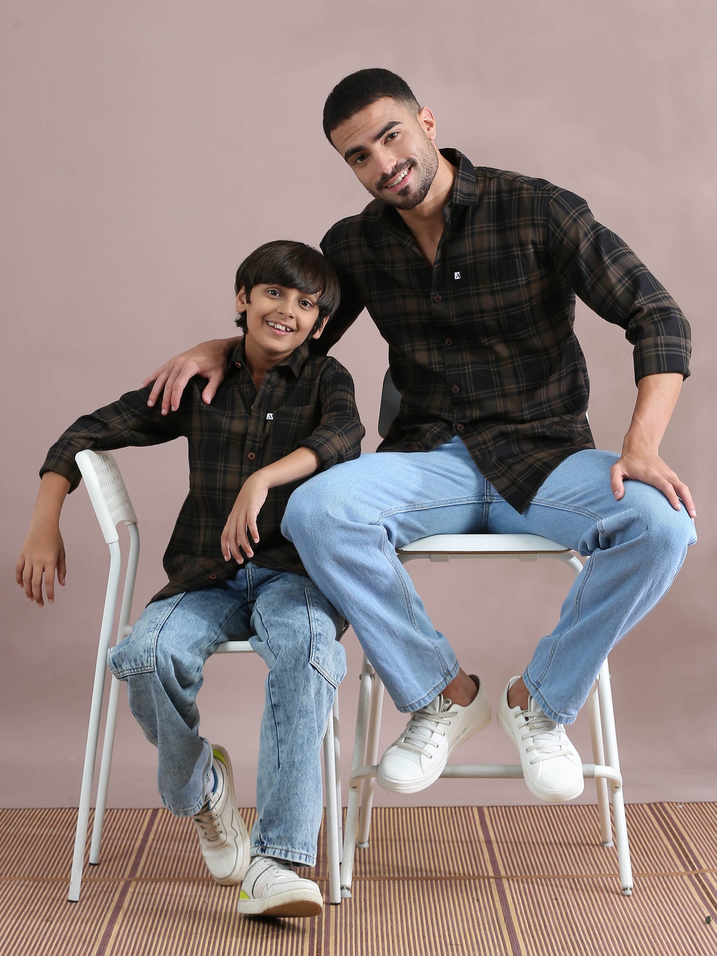  Tiger Brown Checked Matching Dad And Son Outfits Combo