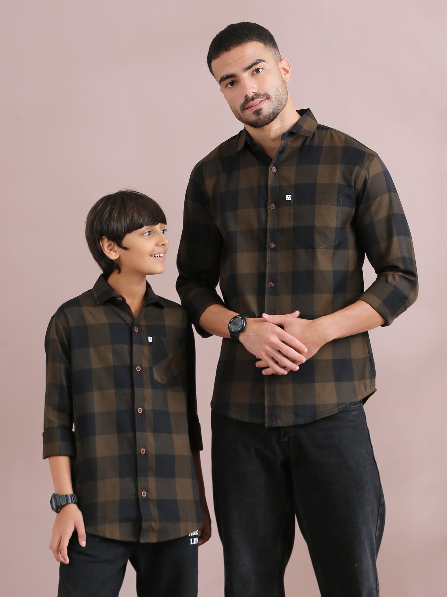 Tomtom Brown Checked Father Son Matching Shirts Combo
