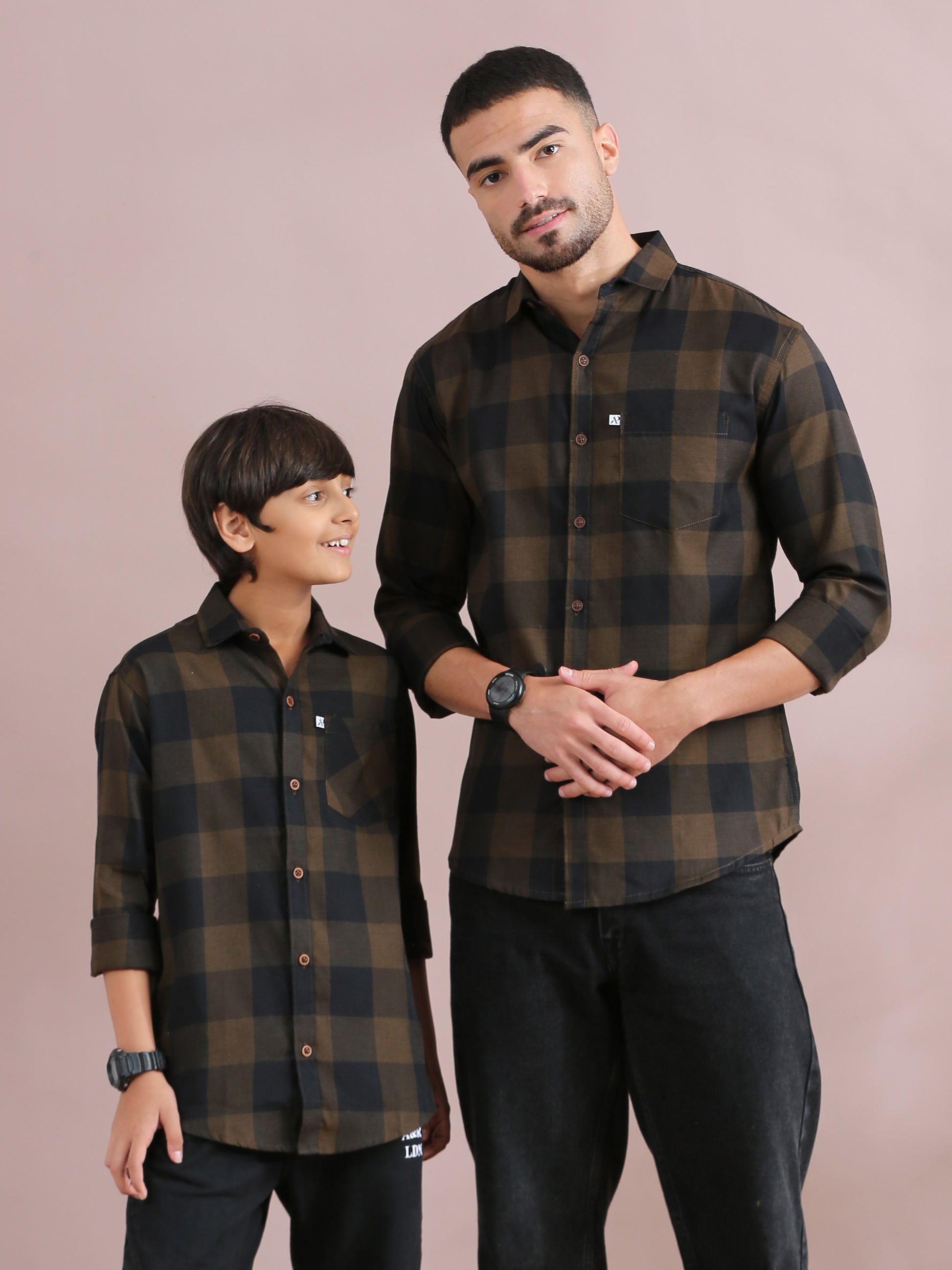 Tomtom Brown Checked Father Son Matching Shirts Combo
