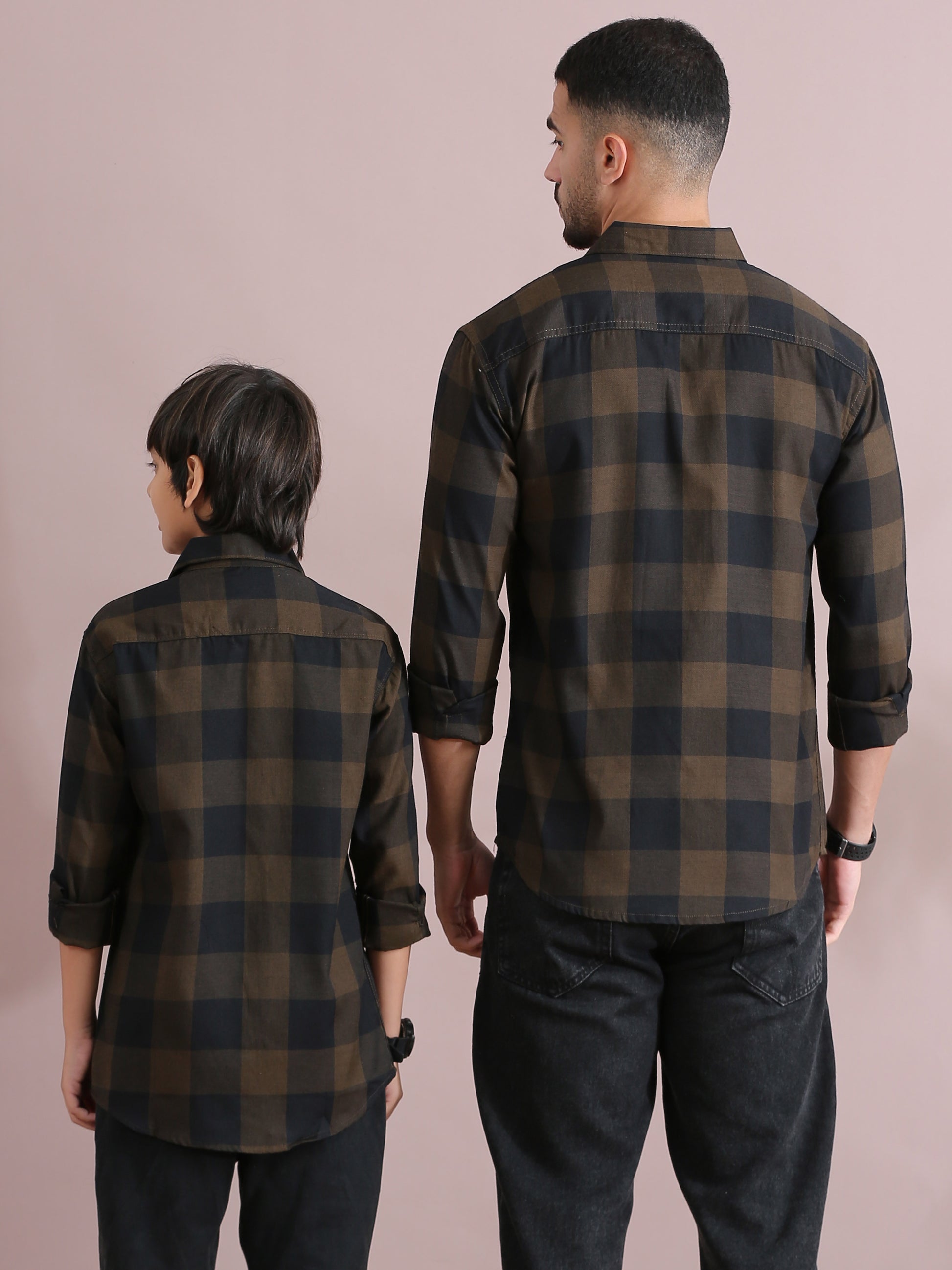 Tomtom Brown Checked Father Son Matching Shirts Combo