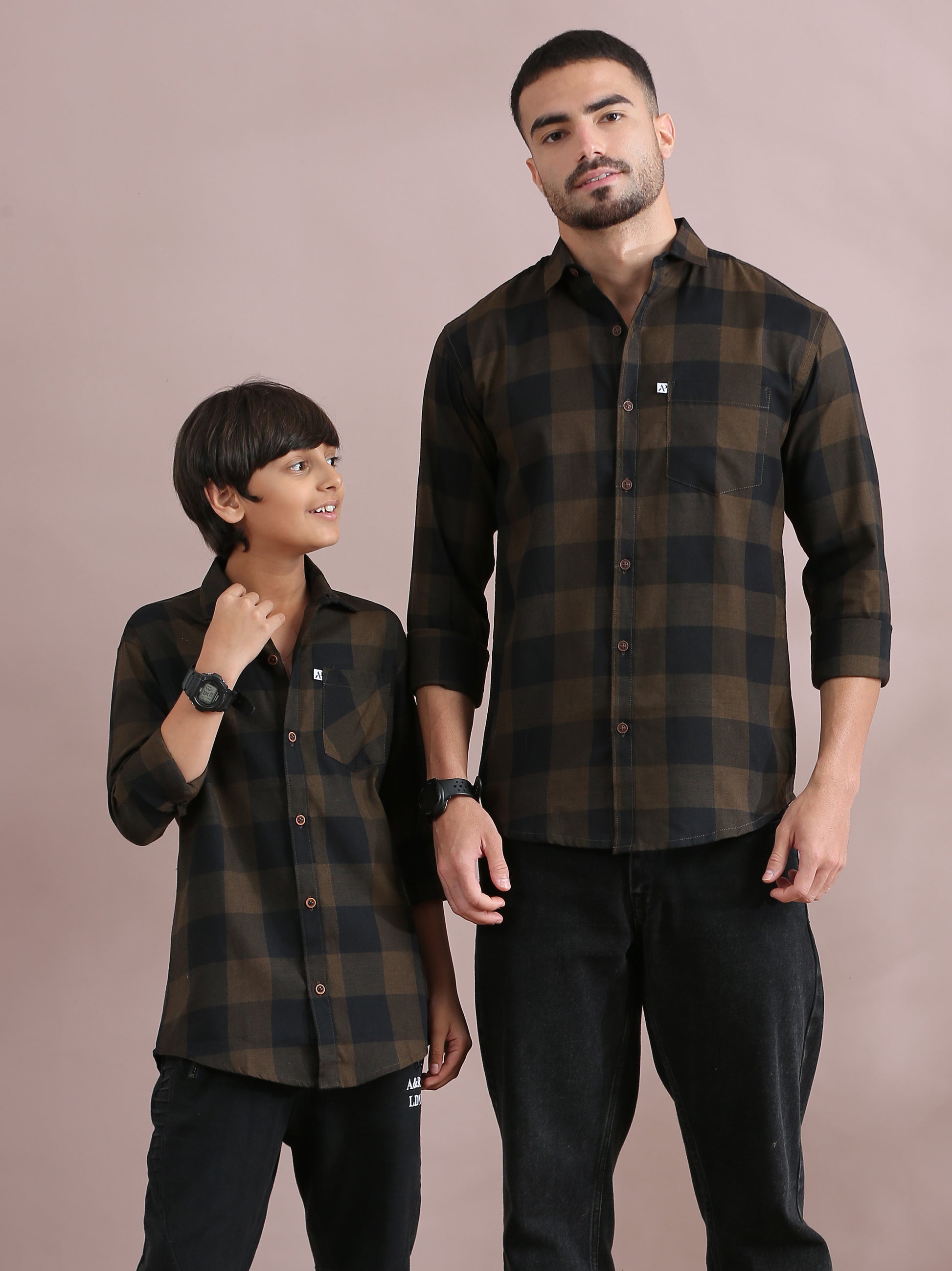 Tomtom Brown Checked Father Son Matching Shirts Combo