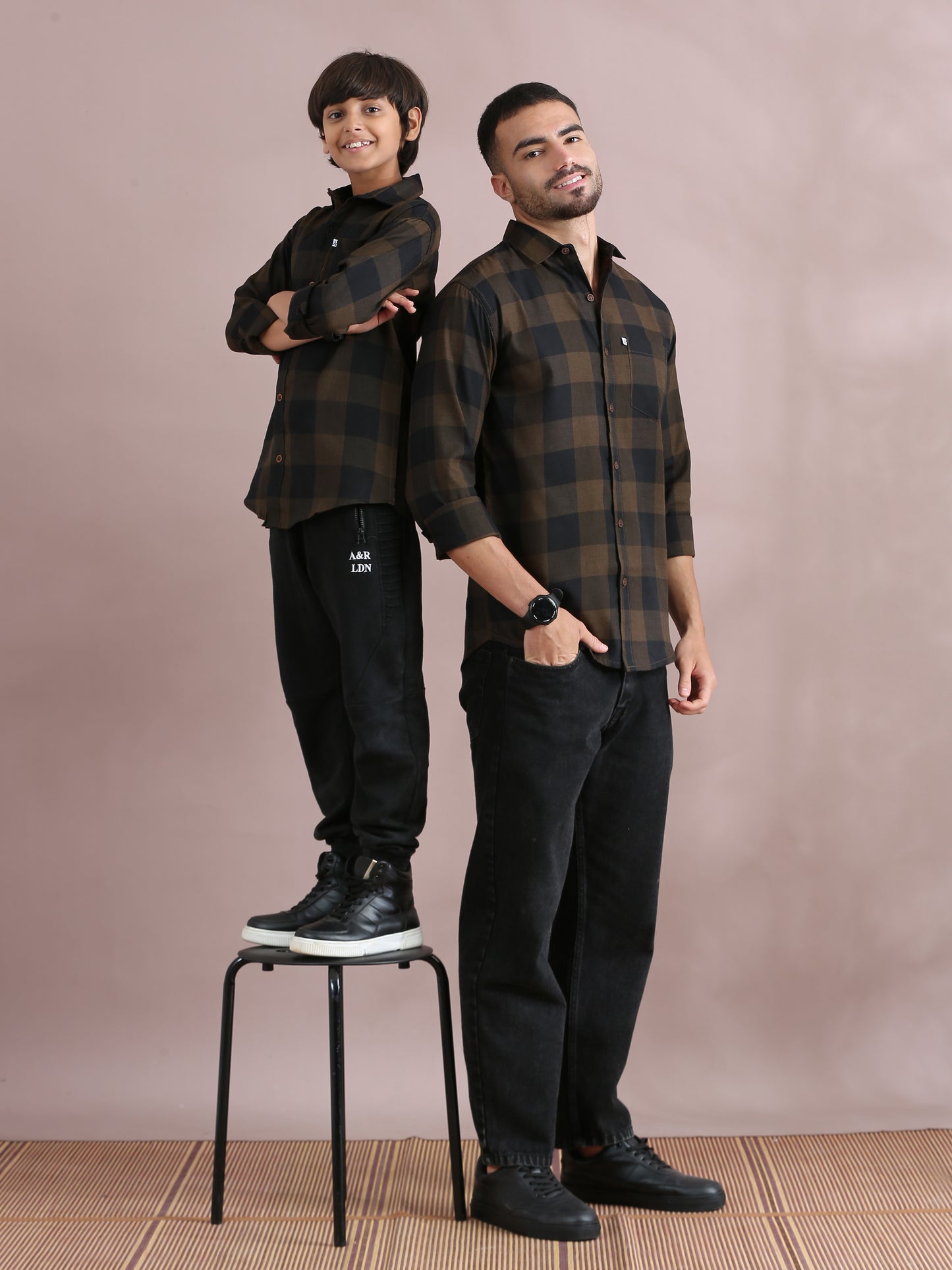 Tomtom Brown Checked Father Son Matching Shirts Combo