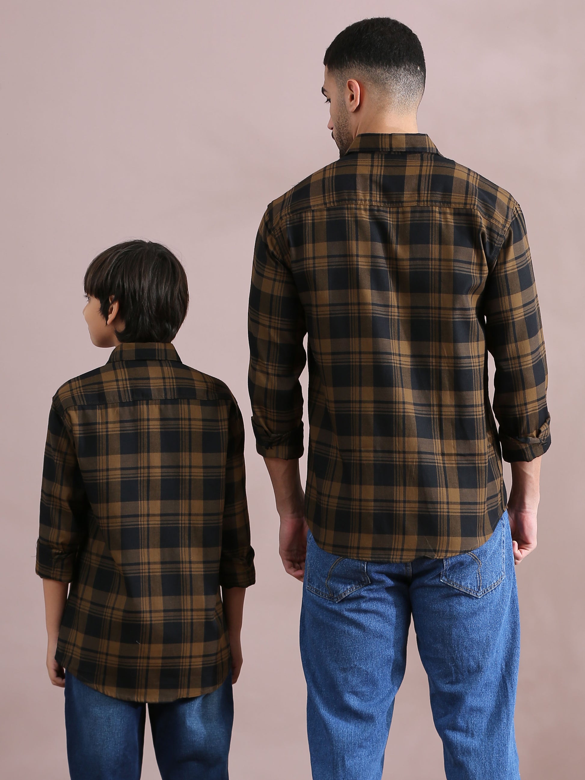  Wanted Brown Checked Dad And Son Combo Shirts