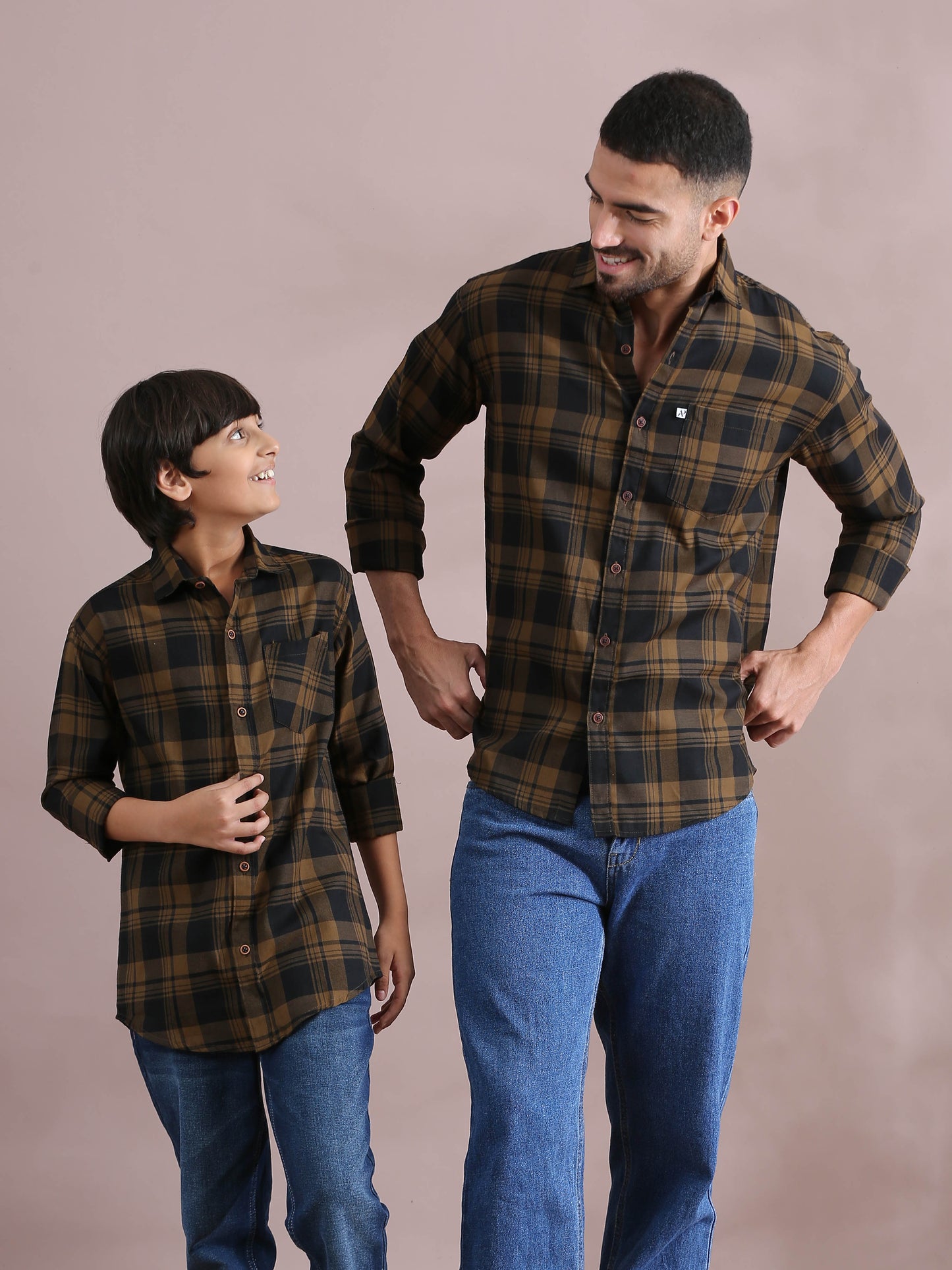  Wanted Brown Checked Dad And Son Combo Shirts