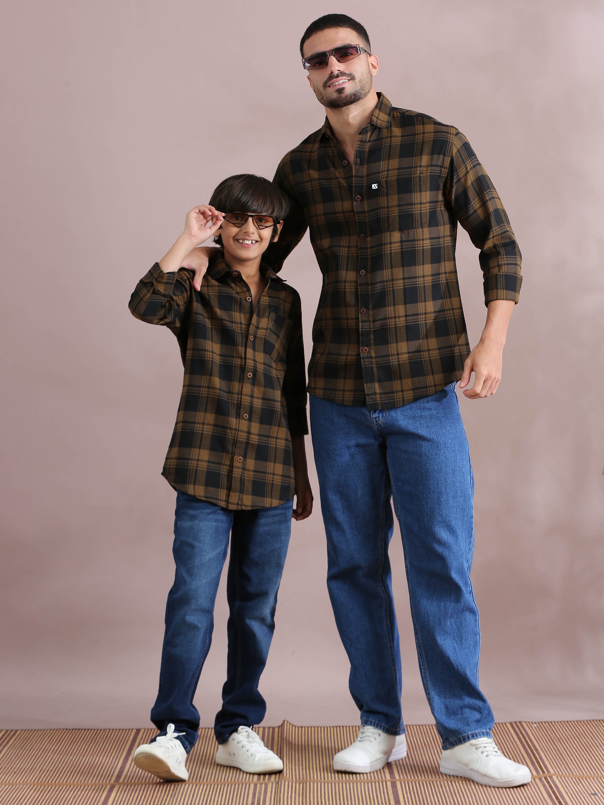  Wanted Brown Checked Dad And Son Combo Shirts