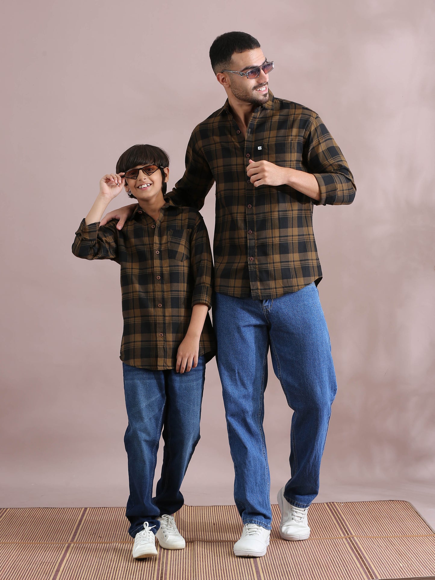  Wanted Brown Checked Dad And Son Combo Shirts
