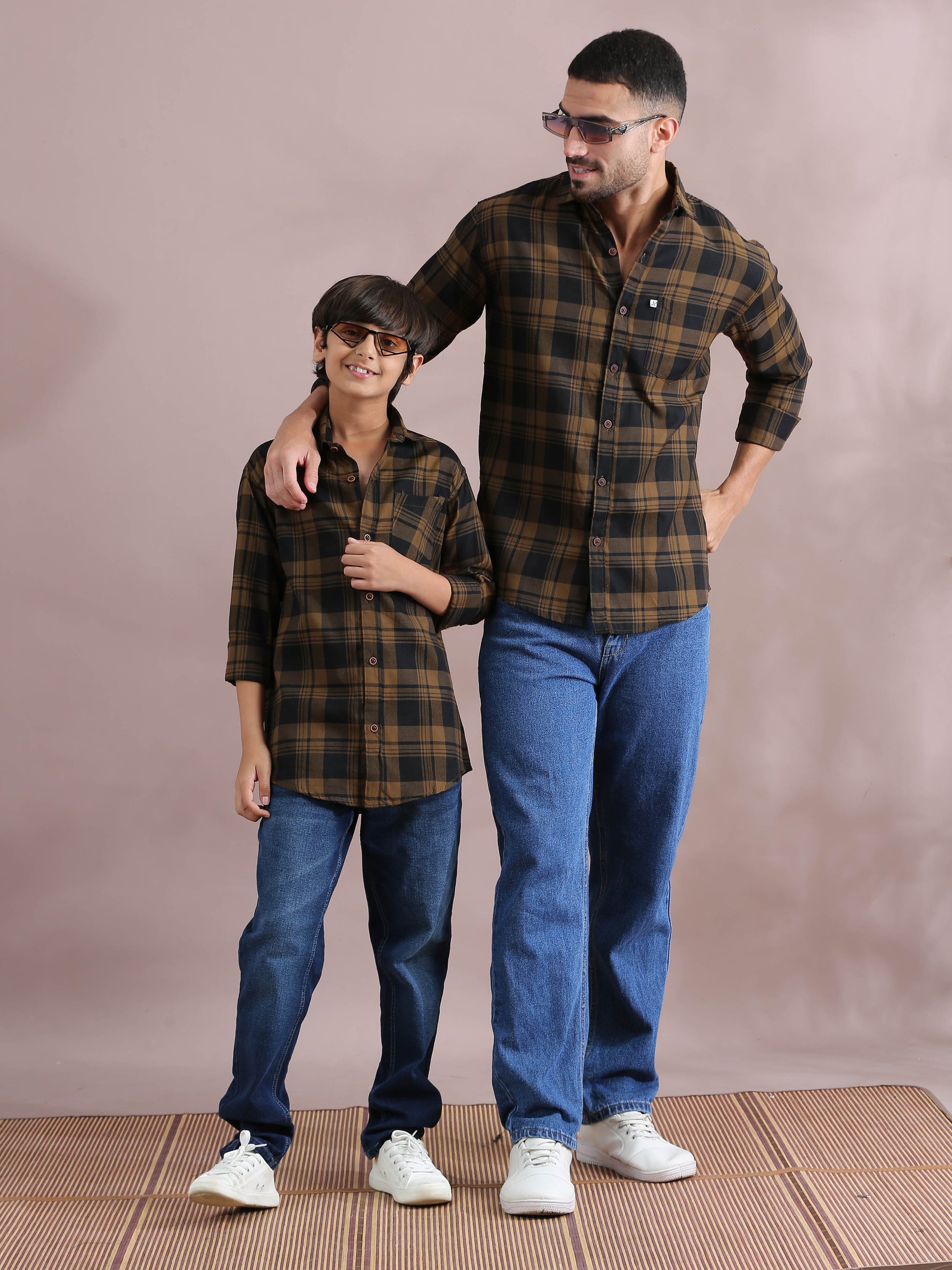  Wanted Brown Checked Dad And Son Combo Shirts